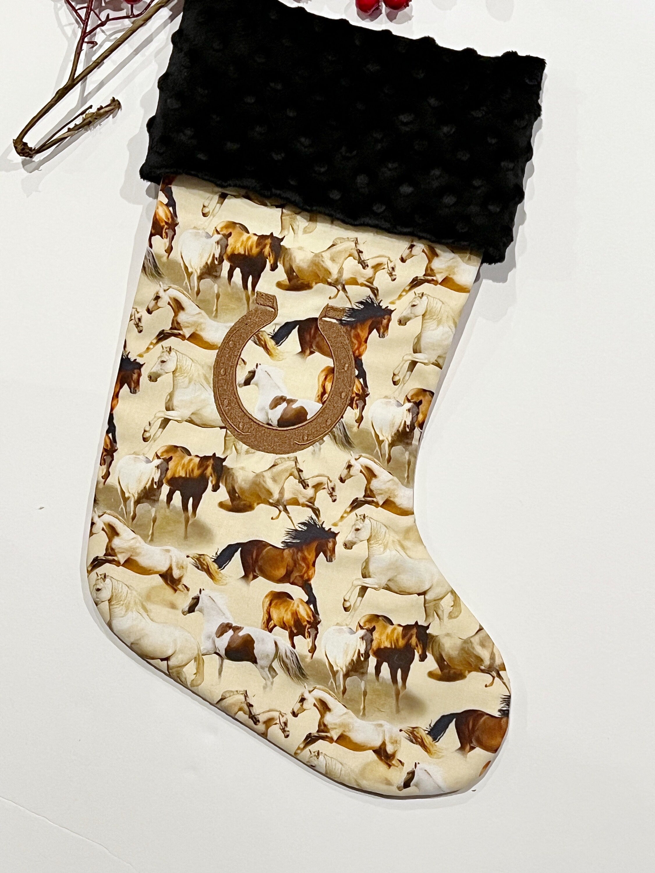 Horse Pony Christmas stocking in neutral horse print with cuff of choice, personalized stocking fully lined, embroidered horseshoe, 18”