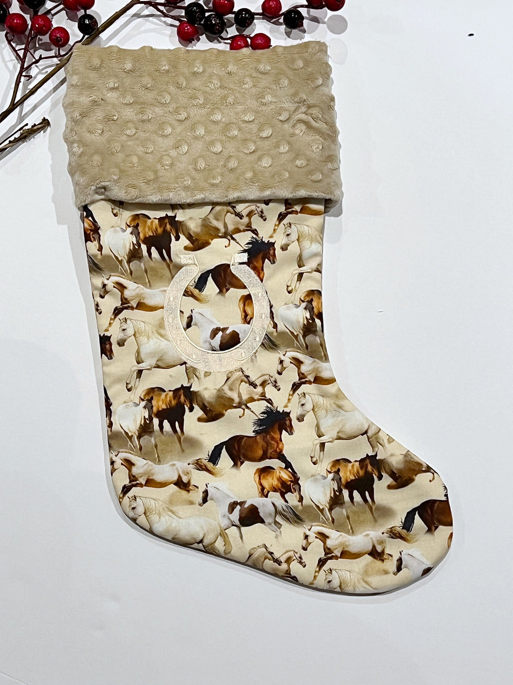 Horse Pony Christmas stocking in neutral horse print with cuff of choice, personalized stocking fully lined, embroidered horseshoe, 18”
