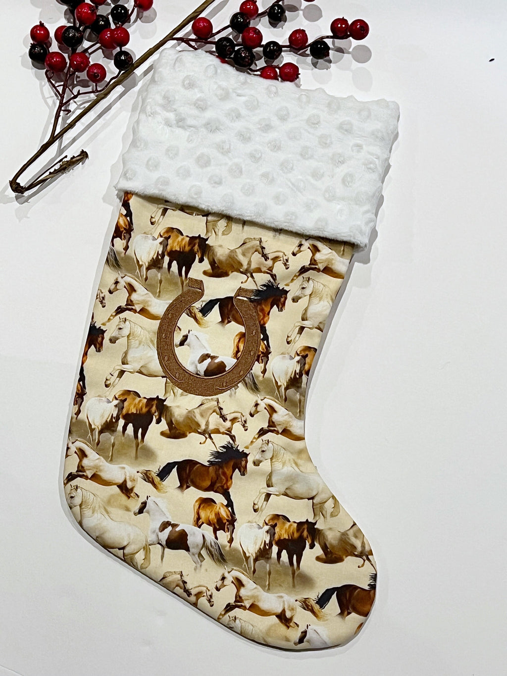 Horse Pony Christmas stocking in neutral horse print with cuff of choice, personalized stocking fully lined, embroidered horseshoe, 18”
