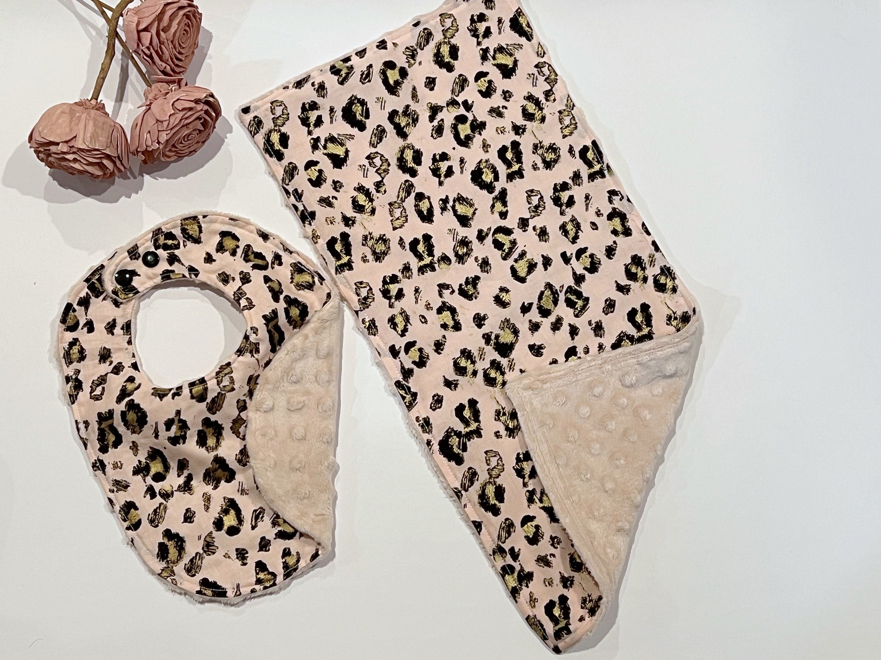 Pink leopard gold baby to toddler Bib & burp cloth set made in leopard cotton print with minky back, personalized baby shower gift