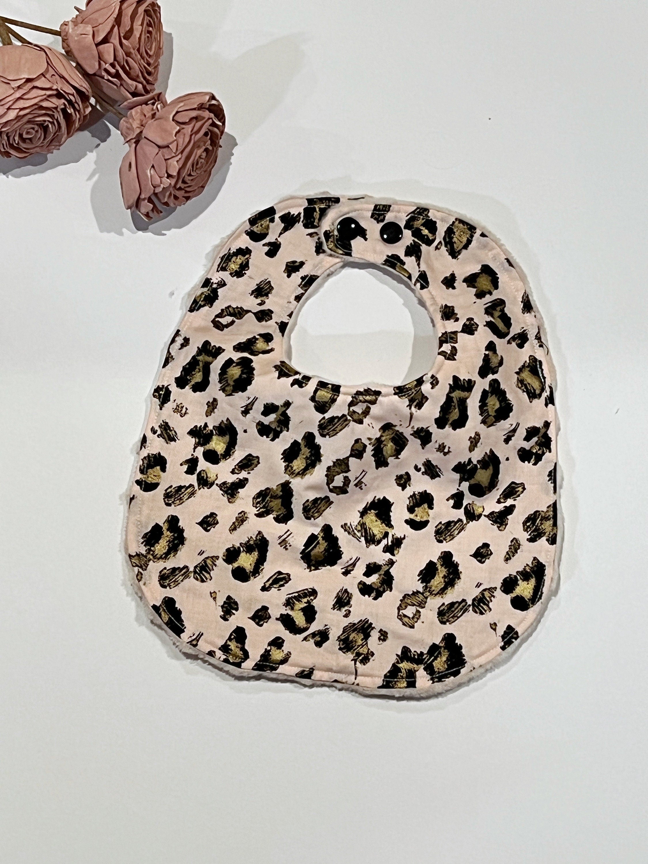 Pink leopard gold baby to toddler Bib & burp cloth set made in leopard cotton print with minky back, personalized baby shower gift