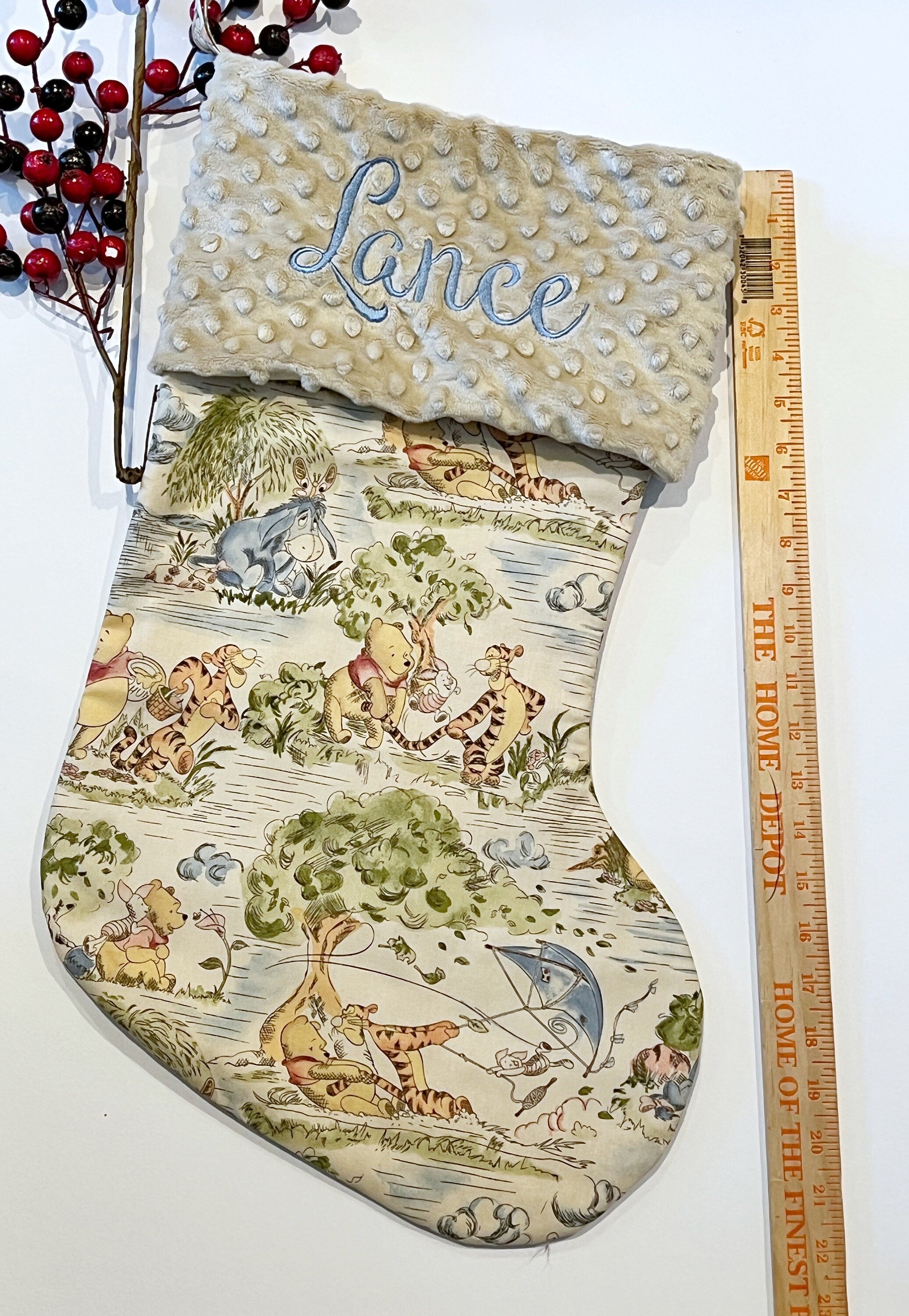 Extra large 22” x 11” personalized Christmas stocking for baby child and adult made from Winnie the Pooh fabric, cotton and minky, lined