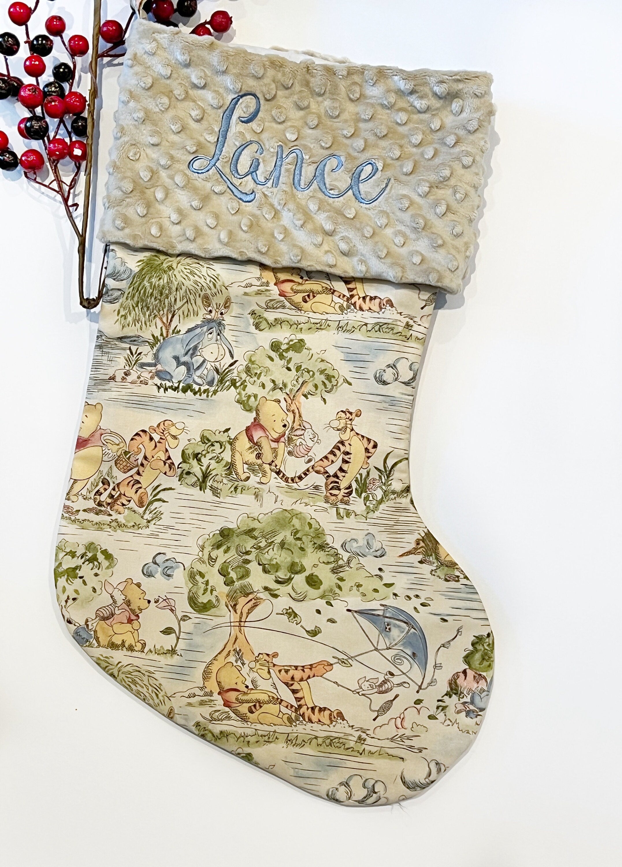 Extra large 22” x 11” personalized Christmas stocking for baby child and adult made from Winnie the Pooh fabric, cotton and minky, lined