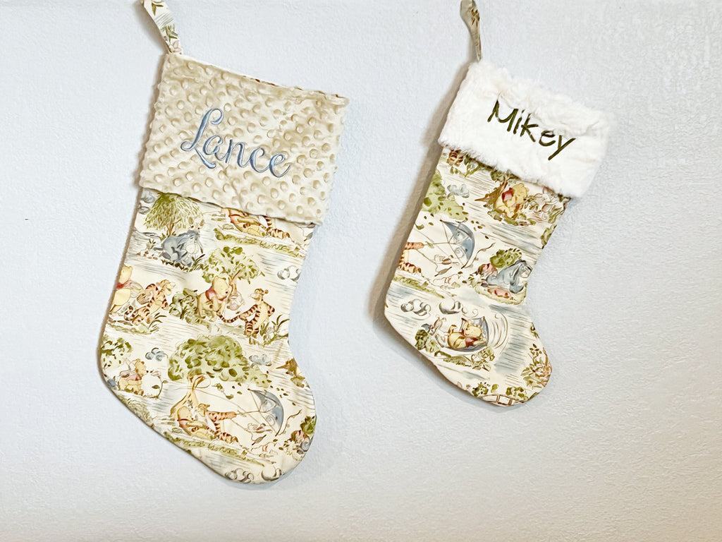 Extra large 22” x 11” personalized Christmas stocking for baby child and adult made from Winnie the Pooh fabric, cotton and minky, lined