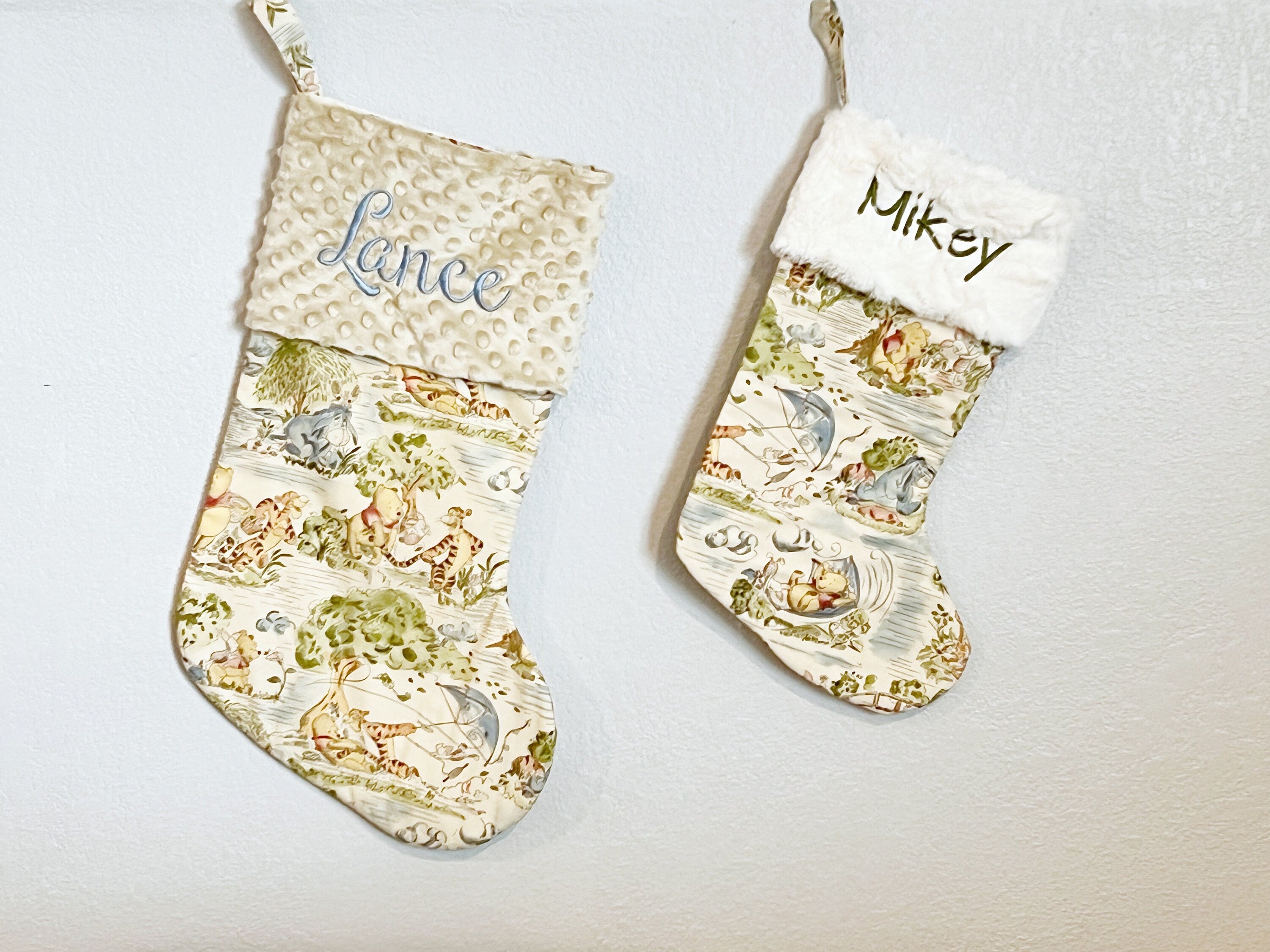 Extra large 22” x 11” personalized Christmas stocking for baby child and adult made from Winnie the Pooh fabric, cotton and minky, lined