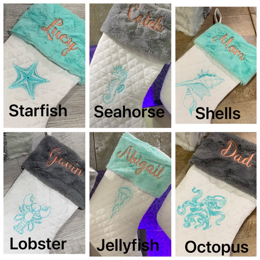Ocean sea life themed Christmas stocking with minky fur cuff in quilted fabric, personalized, decorative embroidery and fully lined 18”