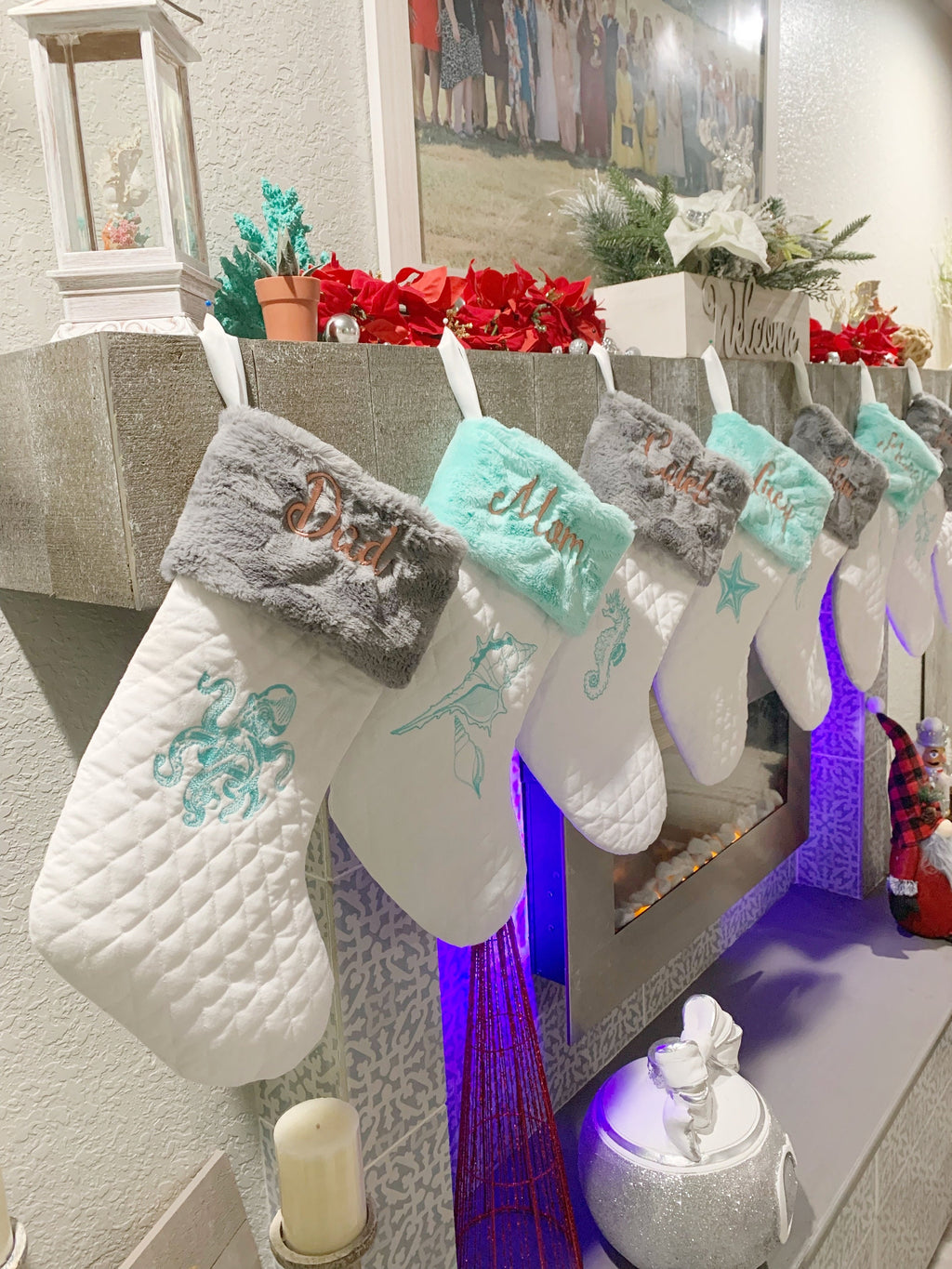 Ocean sea life themed Christmas stocking with minky fur cuff in quilted fabric, personalized, decorative embroidery and fully lined 18”