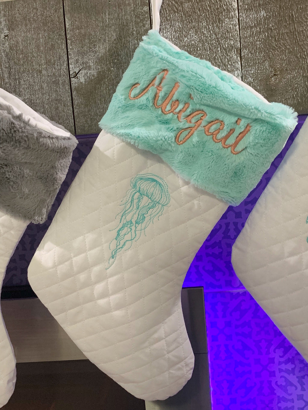 Ocean sea life themed Christmas stocking with minky fur cuff in quilted fabric, personalized, decorative embroidery and fully lined 18”