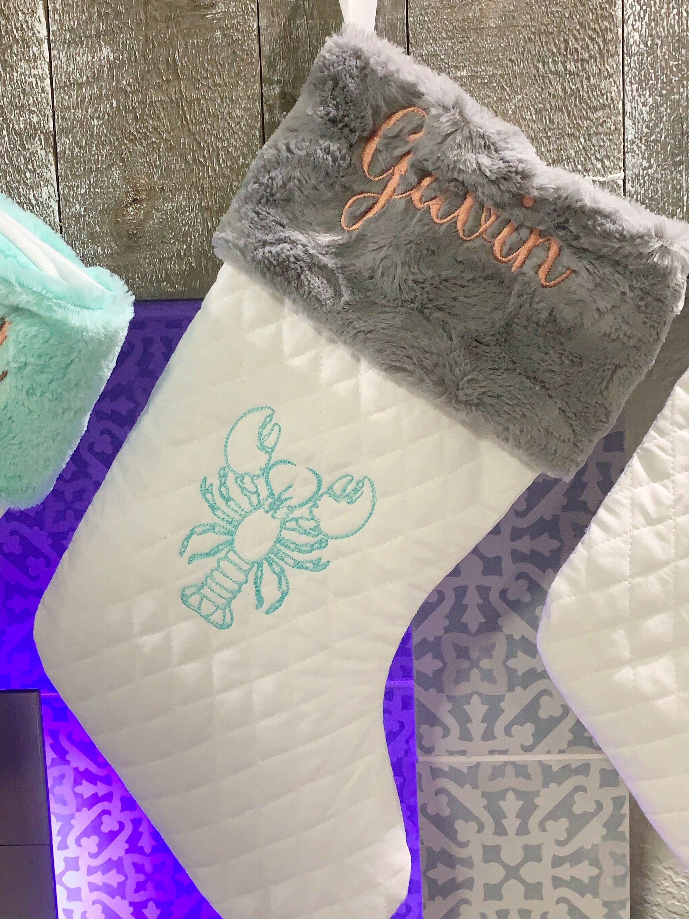 Ocean sea life themed Christmas stocking with minky fur cuff in quilted fabric, personalized, decorative embroidery and fully lined 18”