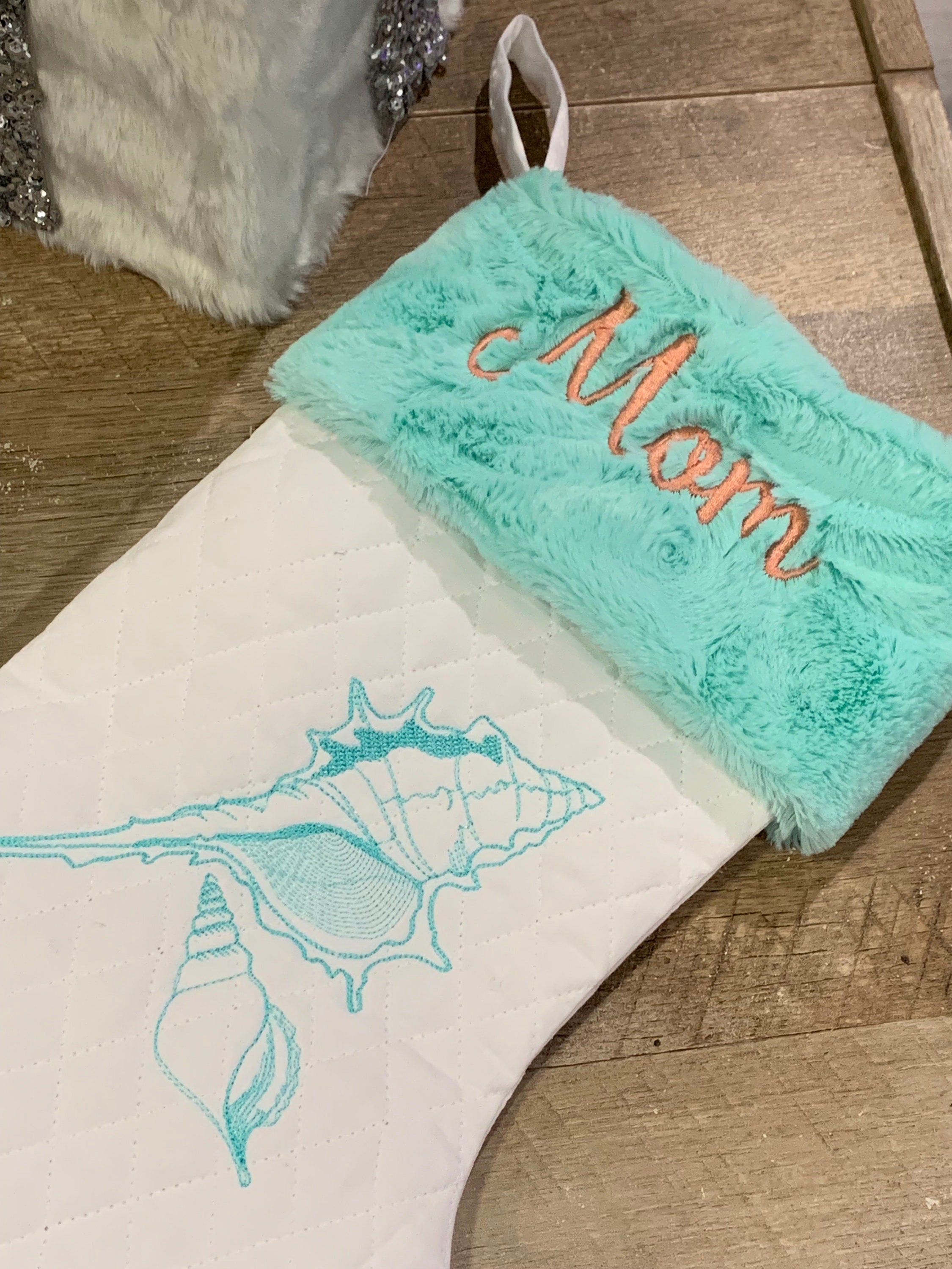 Ocean sea life themed Christmas stocking with minky fur cuff in quilted fabric, personalized, decorative embroidery and fully lined 18”