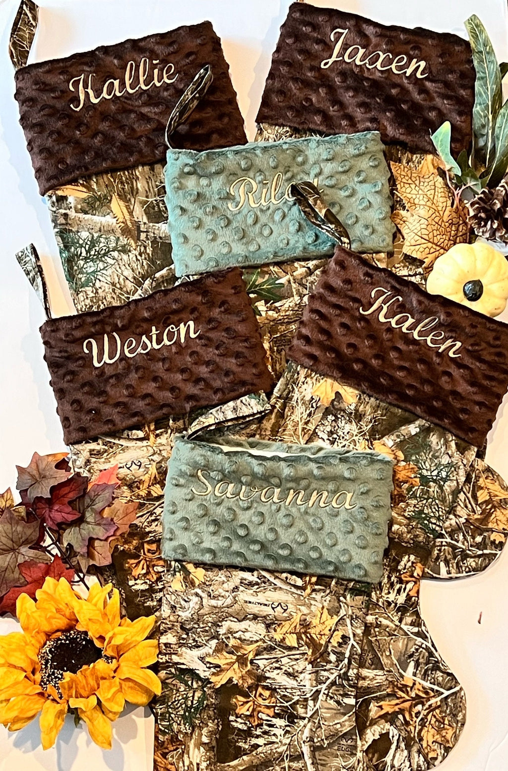 Personalized Christmas stocking for hunting fans in hunter camouflage with minky dot cuff of color choice  18” fully lined pink camo option