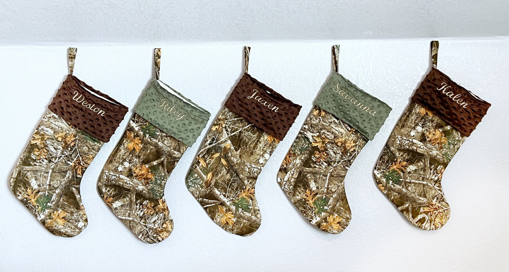 Personalized Christmas stocking for hunting fans in hunter camouflage with minky dot cuff of color choice  18” fully lined pink camo option