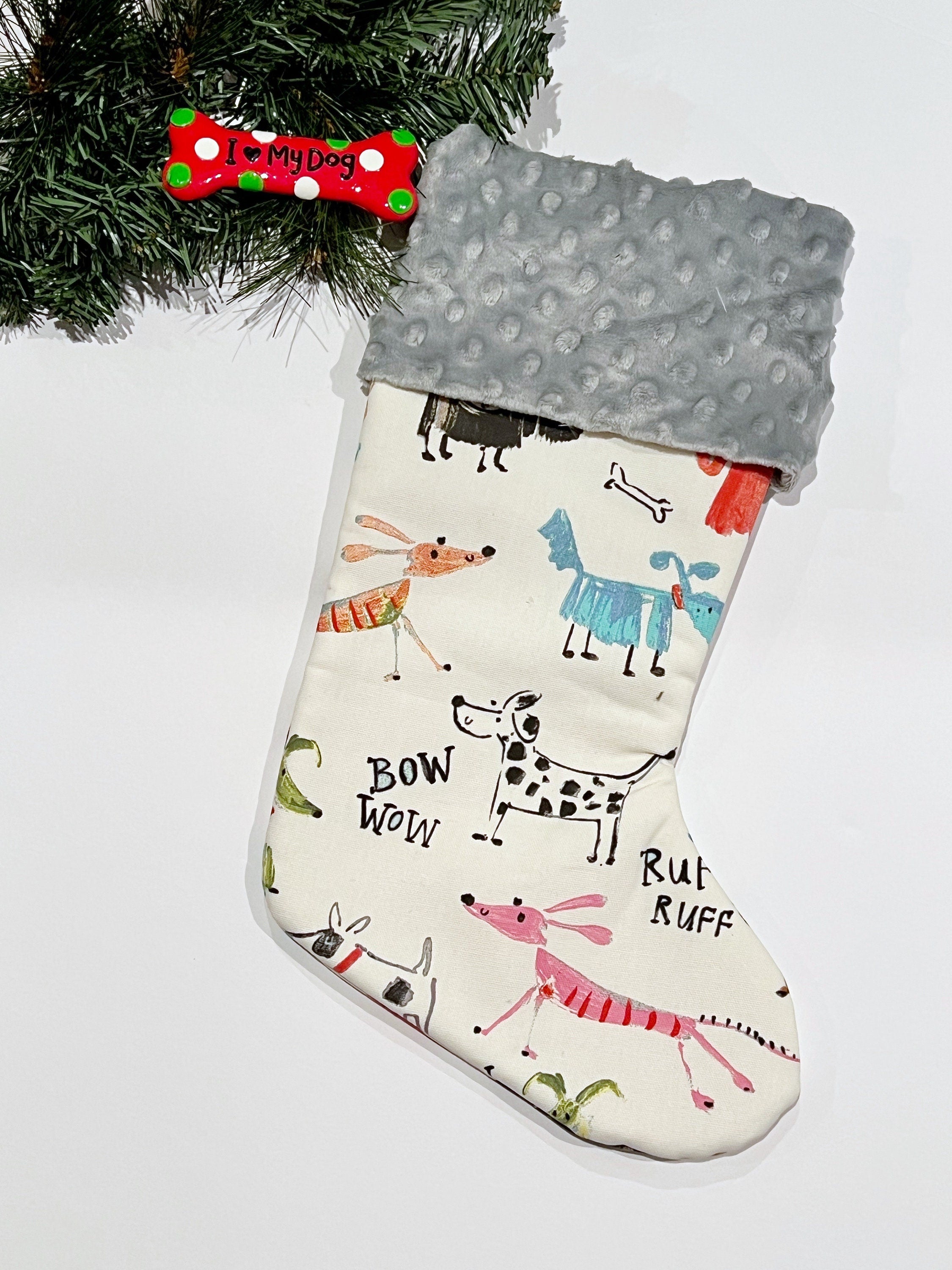 Primitive kid’s dog drawing pet Christmas stocking personalized for dog or puppy, fully lined, minky and duck cloth, 17”