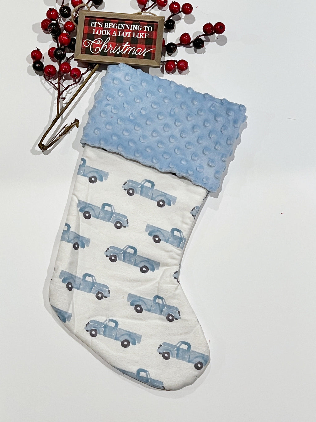 Personalized Christmas stocking for child to adult, antique old blue truck, flannel and fur or minky cuff fully lined