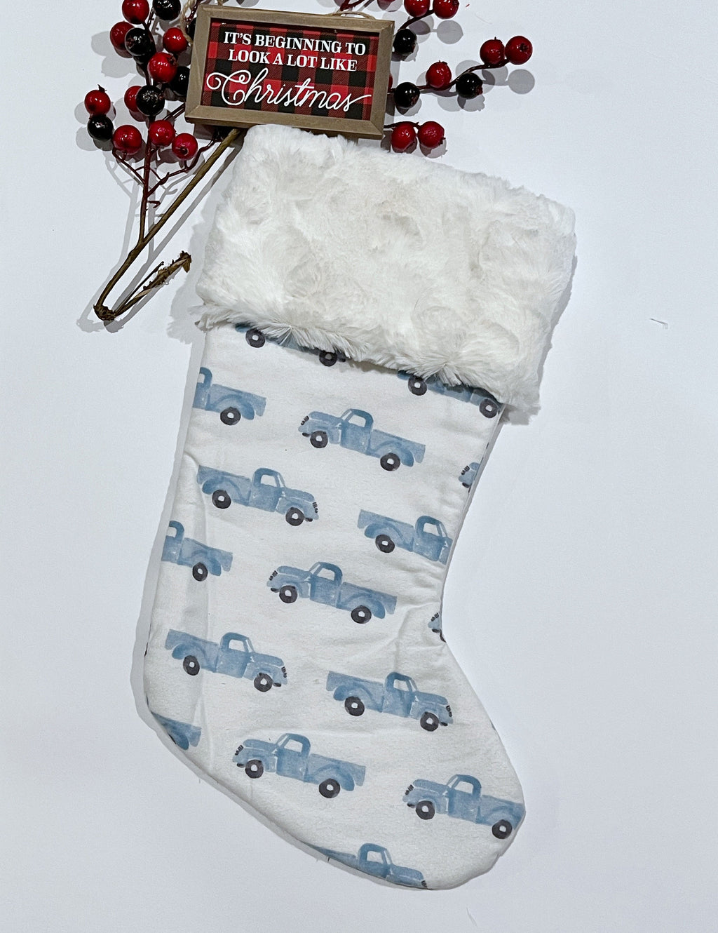 Personalized Christmas stocking for child to adult, antique old blue truck, flannel and fur or minky cuff fully lined