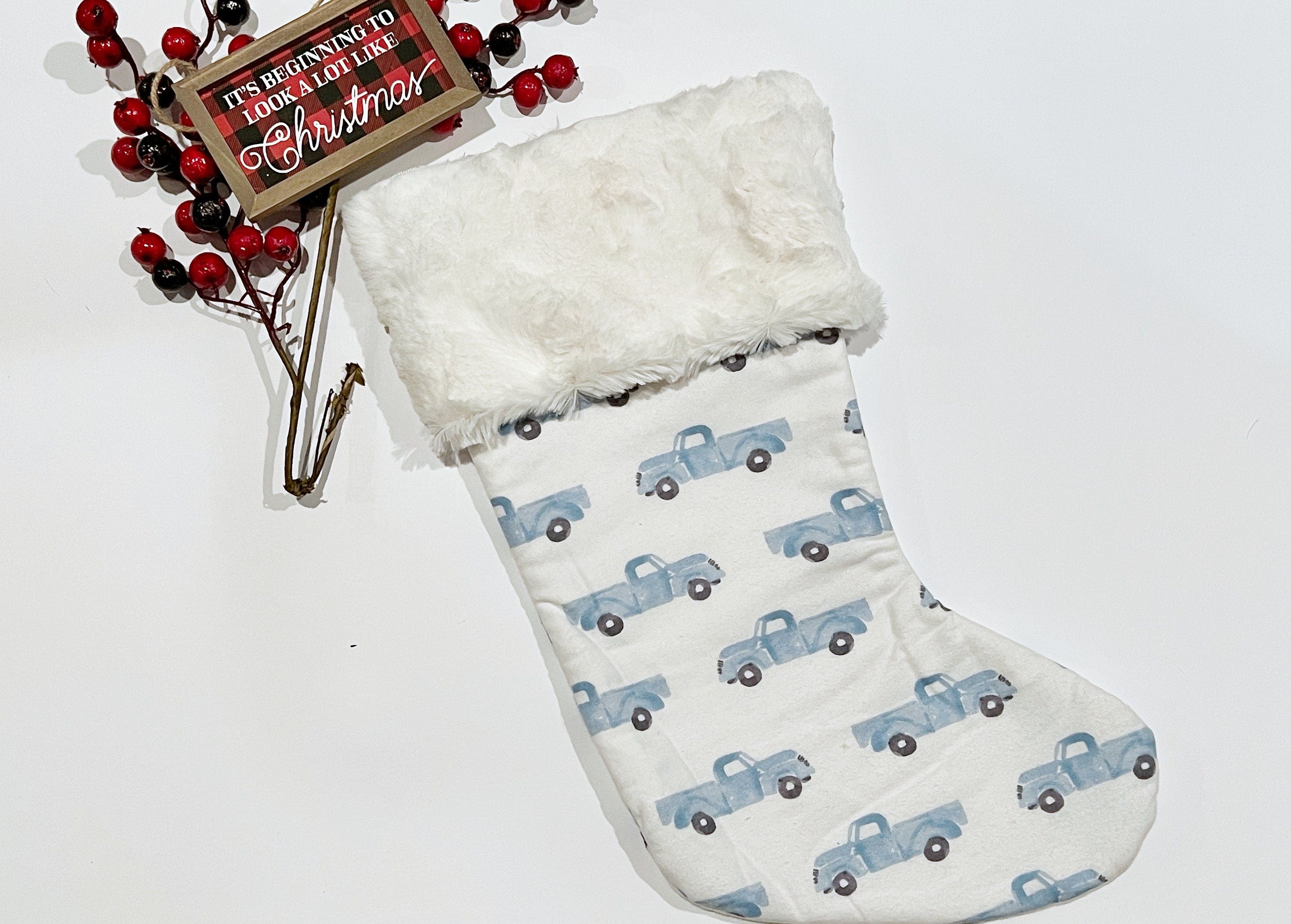 Personalized Christmas stocking for child to adult, antique old blue truck, flannel and fur or minky cuff fully lined