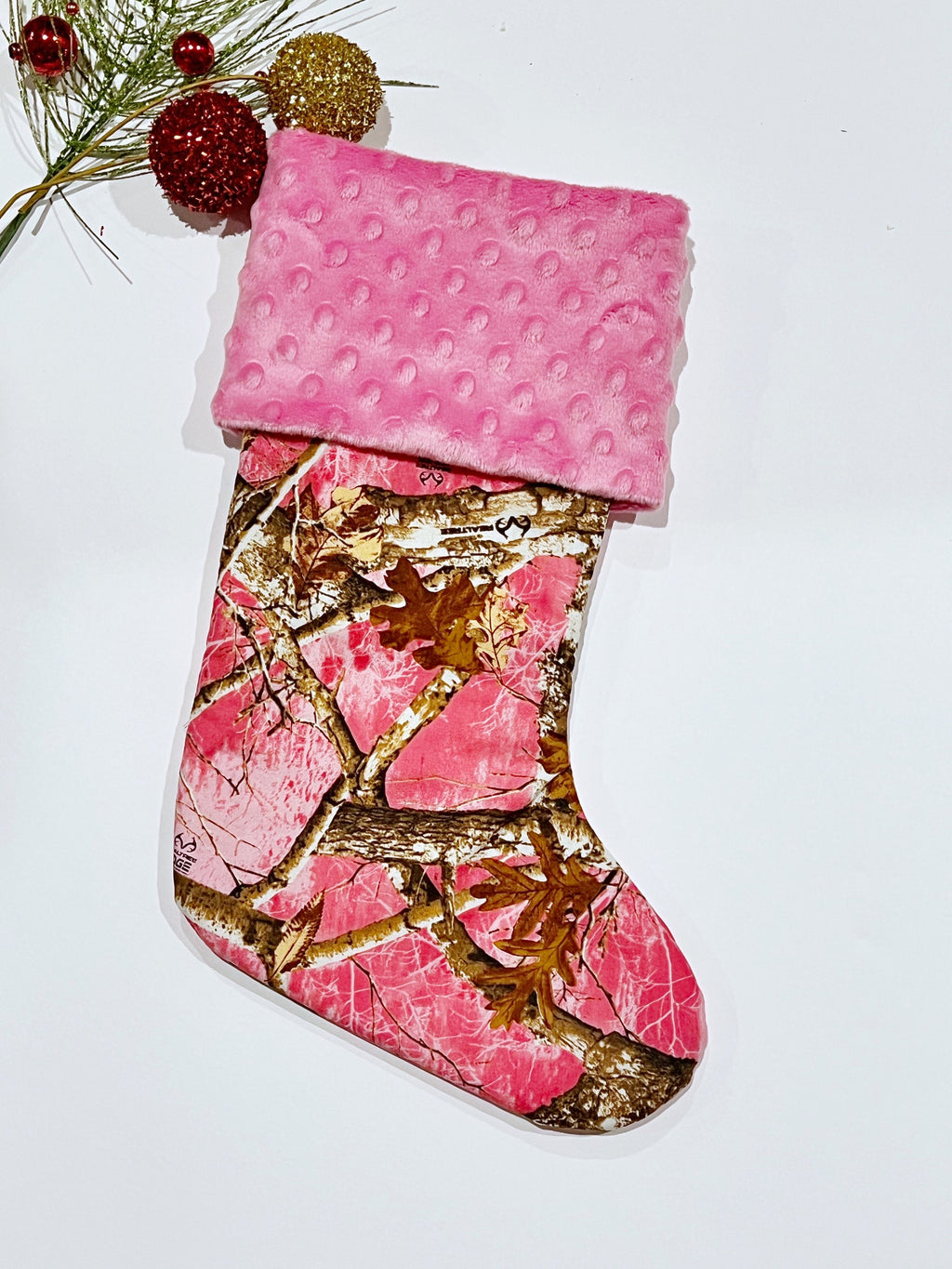 Personalized Christmas stocking for hunting fans in hunter camouflage with minky dot cuff of color choice  18” fully lined pink camo option