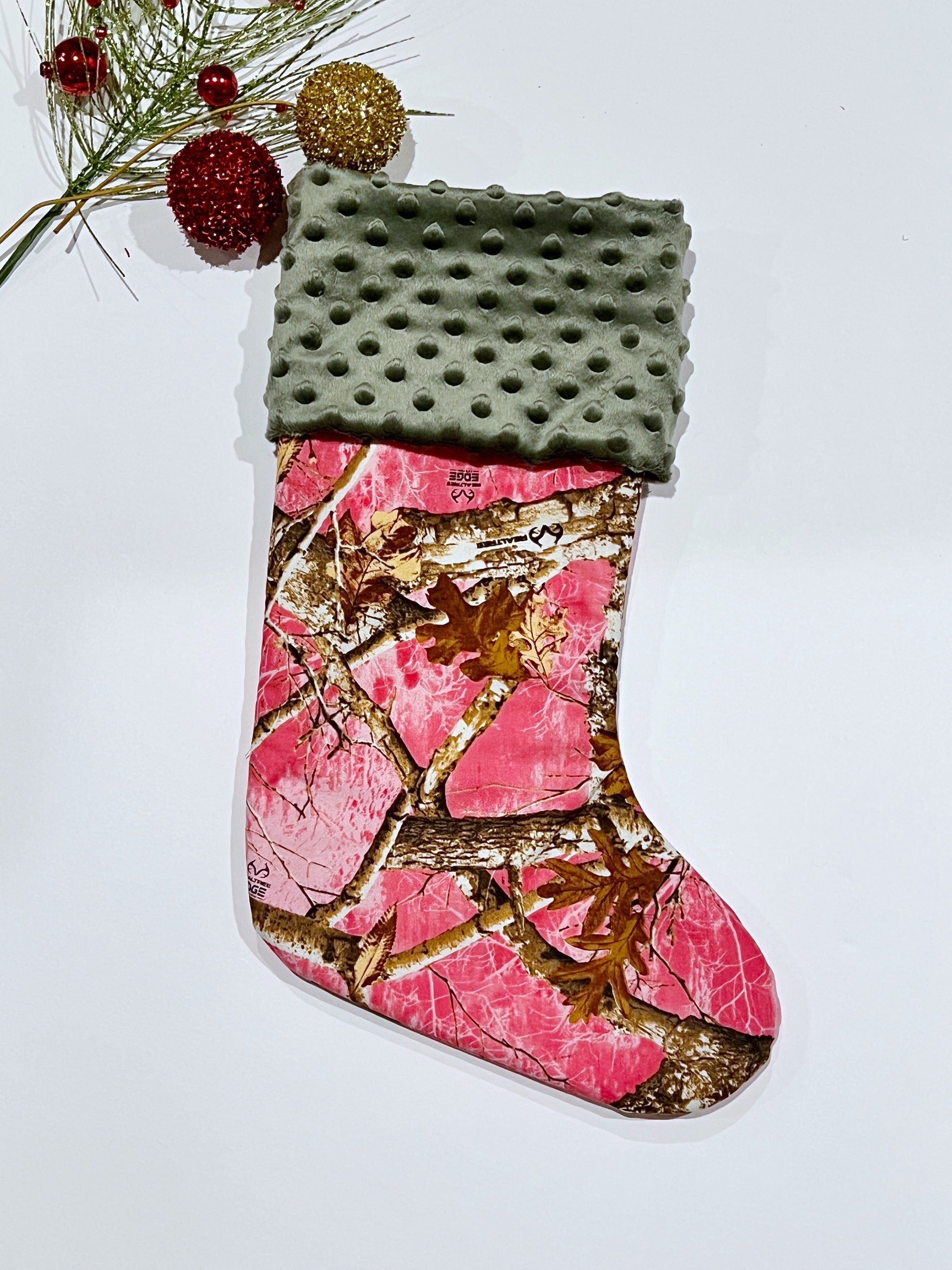 Personalized Christmas stocking for hunting fans in hunter camouflage with minky dot cuff of color choice  18” fully lined pink camo option