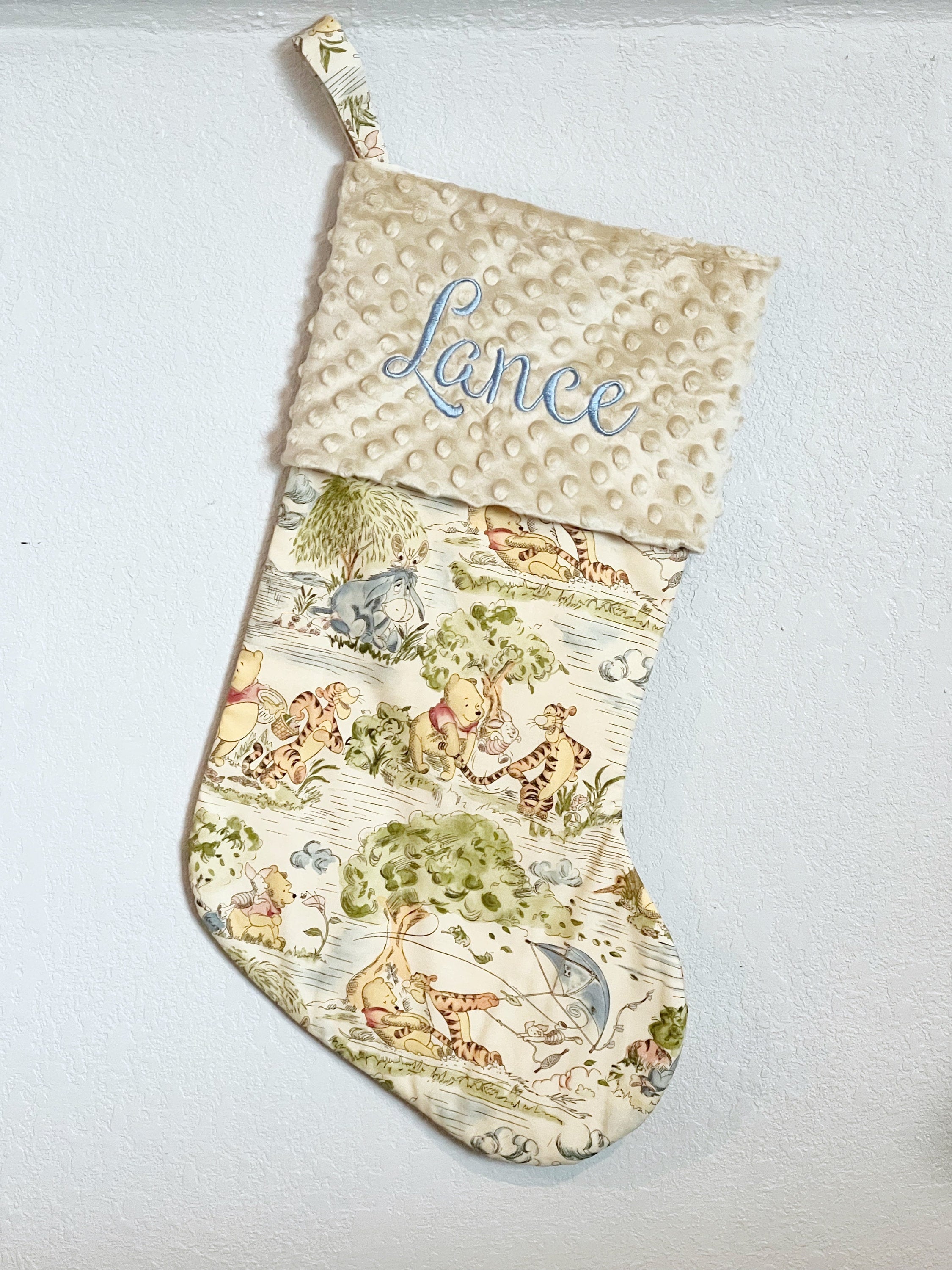 Extra large 22” x 11” personalized Christmas stocking for baby child and adult made from Winnie the Pooh fabric, cotton and minky, lined