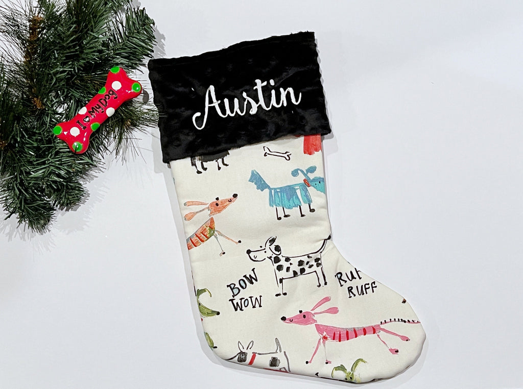Primitive kid’s dog drawing pet Christmas stocking personalized for dog or puppy, fully lined, minky and duck cloth, 17”