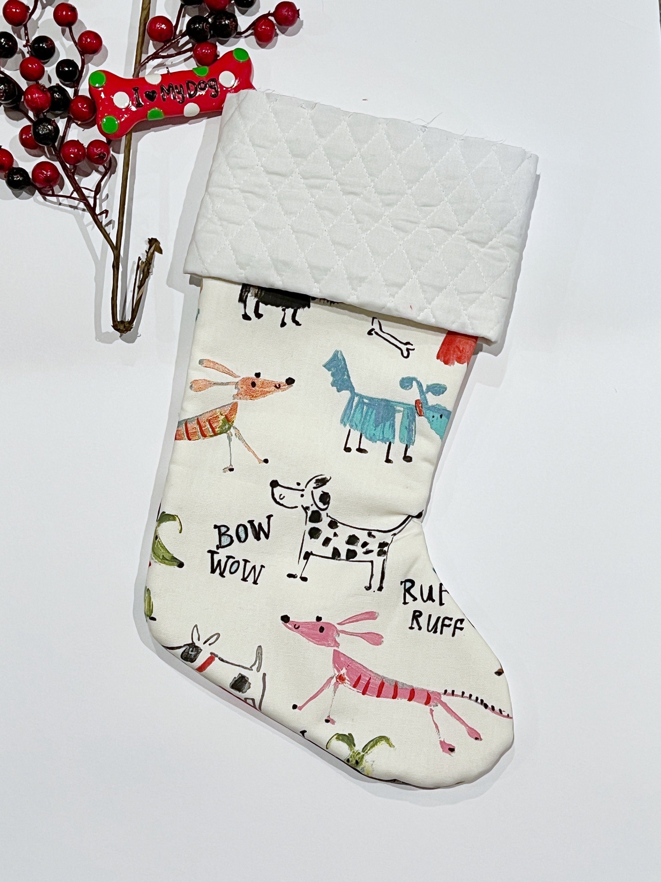 Primitive kid’s dog drawing pet Christmas stocking personalized for dog or puppy, fully lined, minky and duck cloth, 17”