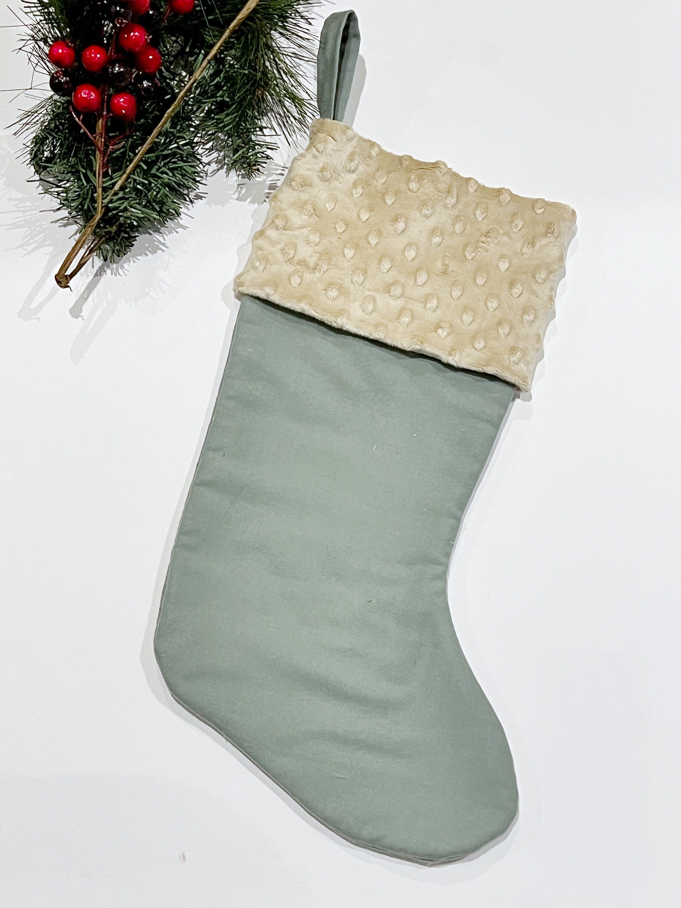 Personalized flannel Christmas stocking with minky dot or fur cuff  18” fully lined, color options