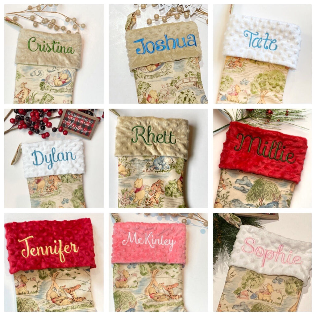 Personalized Christmas stocking for baby child or adult made from classic Winnie the Pooh flannel fully lined stocking with minky cuff 18”