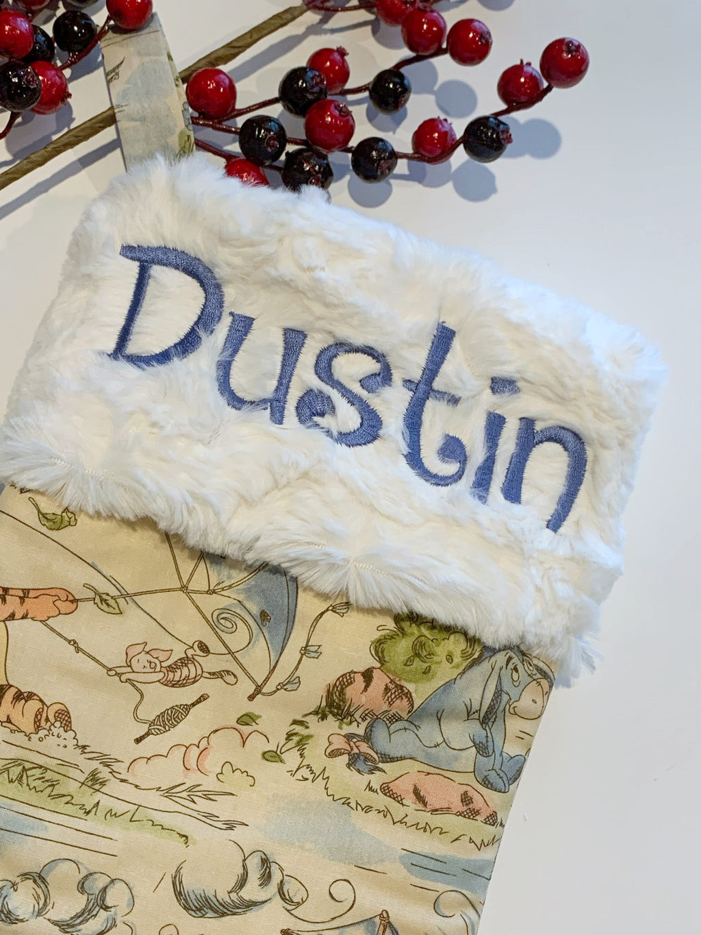 Personalized Christmas stocking for baby child or adult made from Winnie the Pooh fabric and fully  lined, Cotton and Minky or fur cuff 18”