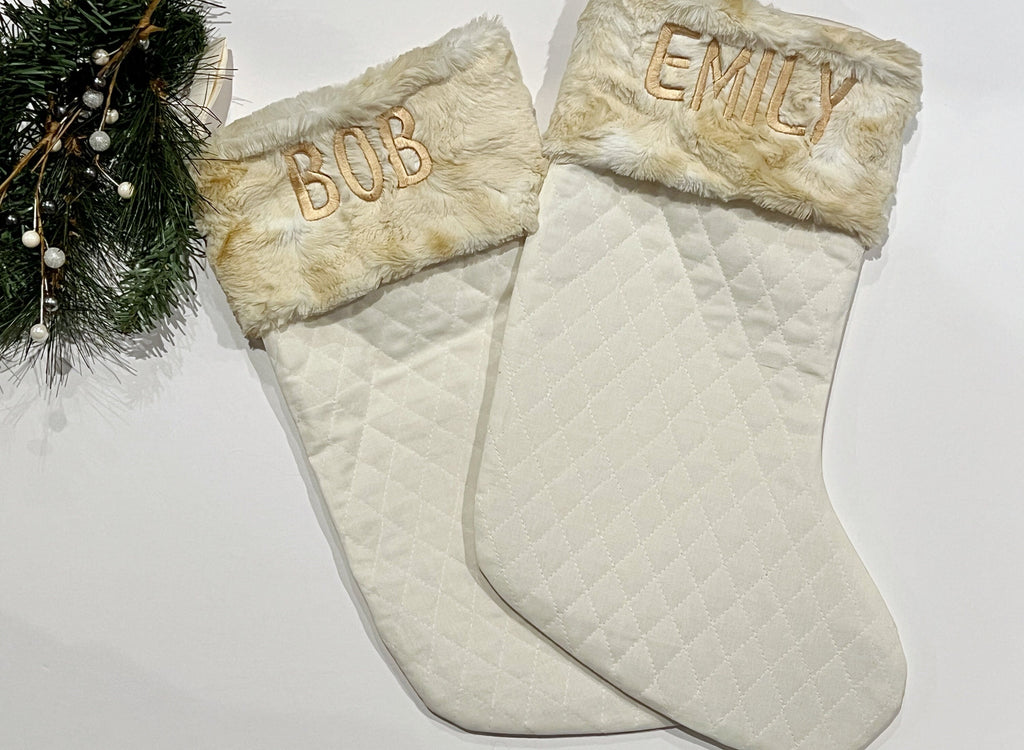 Quilted natural or white cotton Christmas stocking personalized with fur or minky cuff in 18” size, heirloom, family