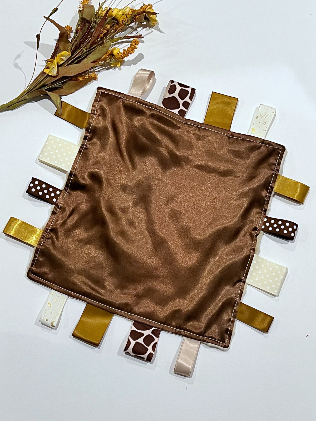 Satin and minky 12” sensory ribbon tag blanket lovey, brown and tan personalize toy or gift for baby boy or girl teen adult choice of colors