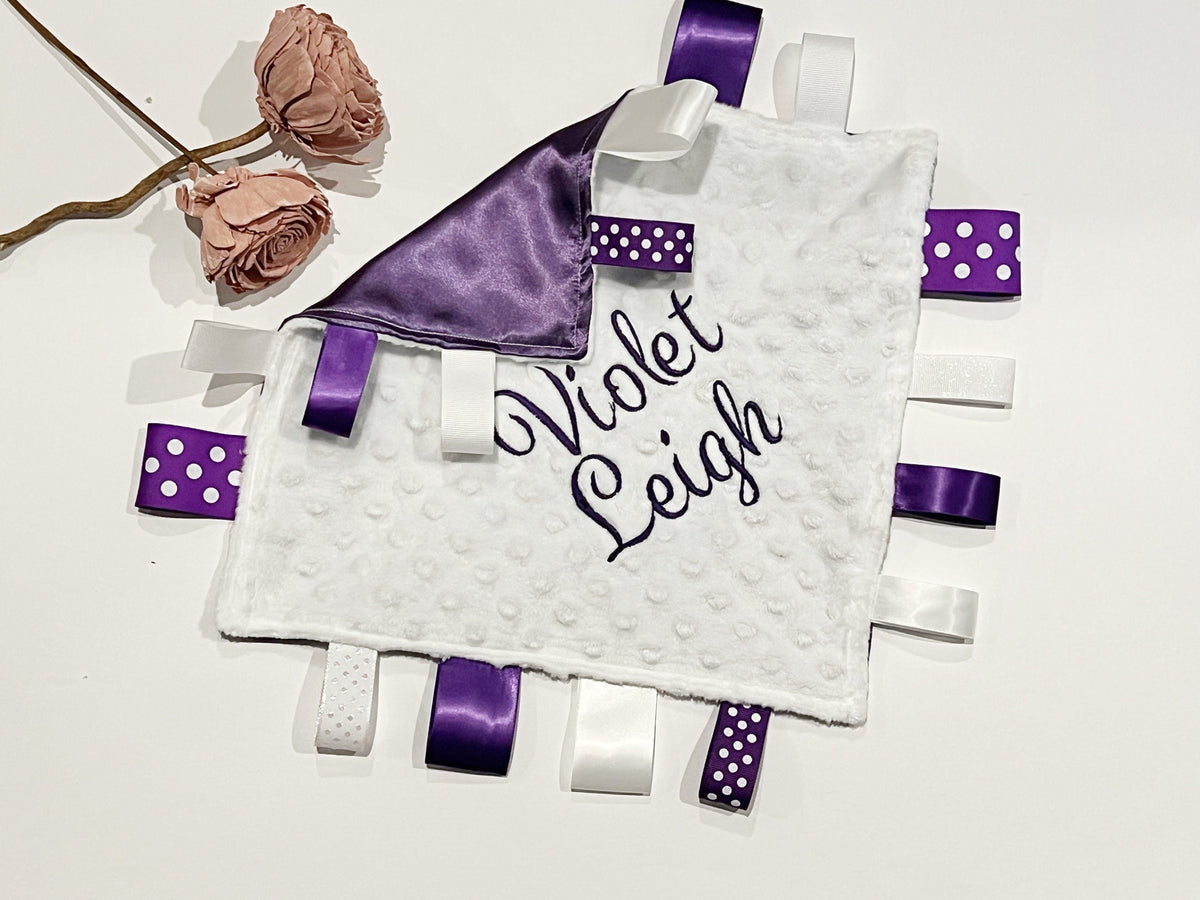 Satin and minky sensory lovey with ribbon tags, personalized comfort toy, baby shower gift for boy or girl  12" purple white, color options