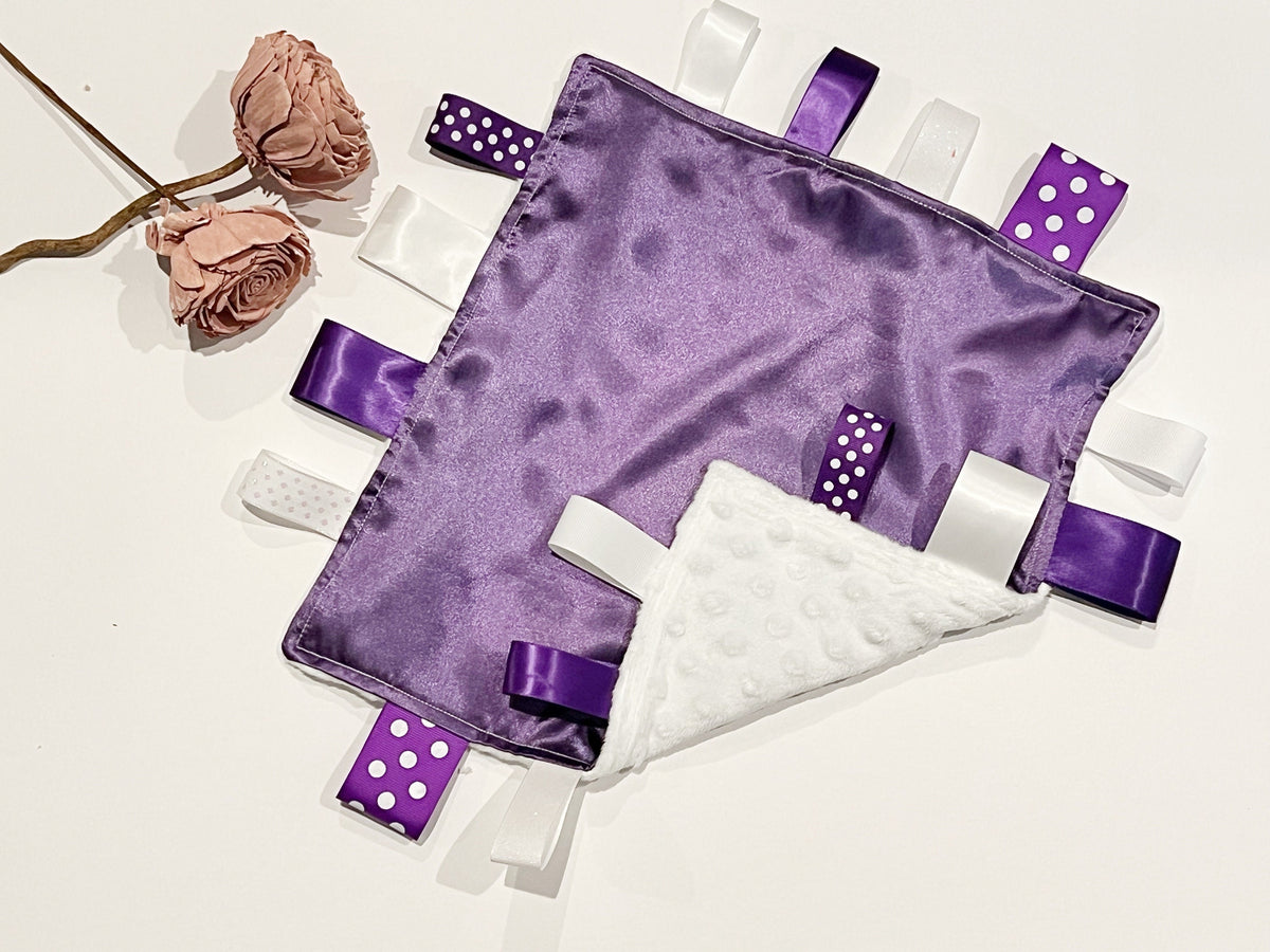 Satin and minky sensory lovey with ribbon tags, personalized comfort toy, baby shower gift for boy or girl  12" purple white, color options