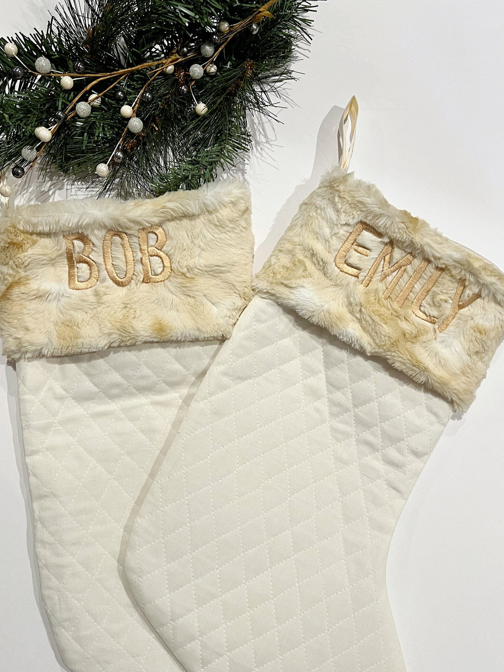 Quilted natural or white cotton Christmas stocking personalized with fur or minky cuff in 18” size, heirloom, family