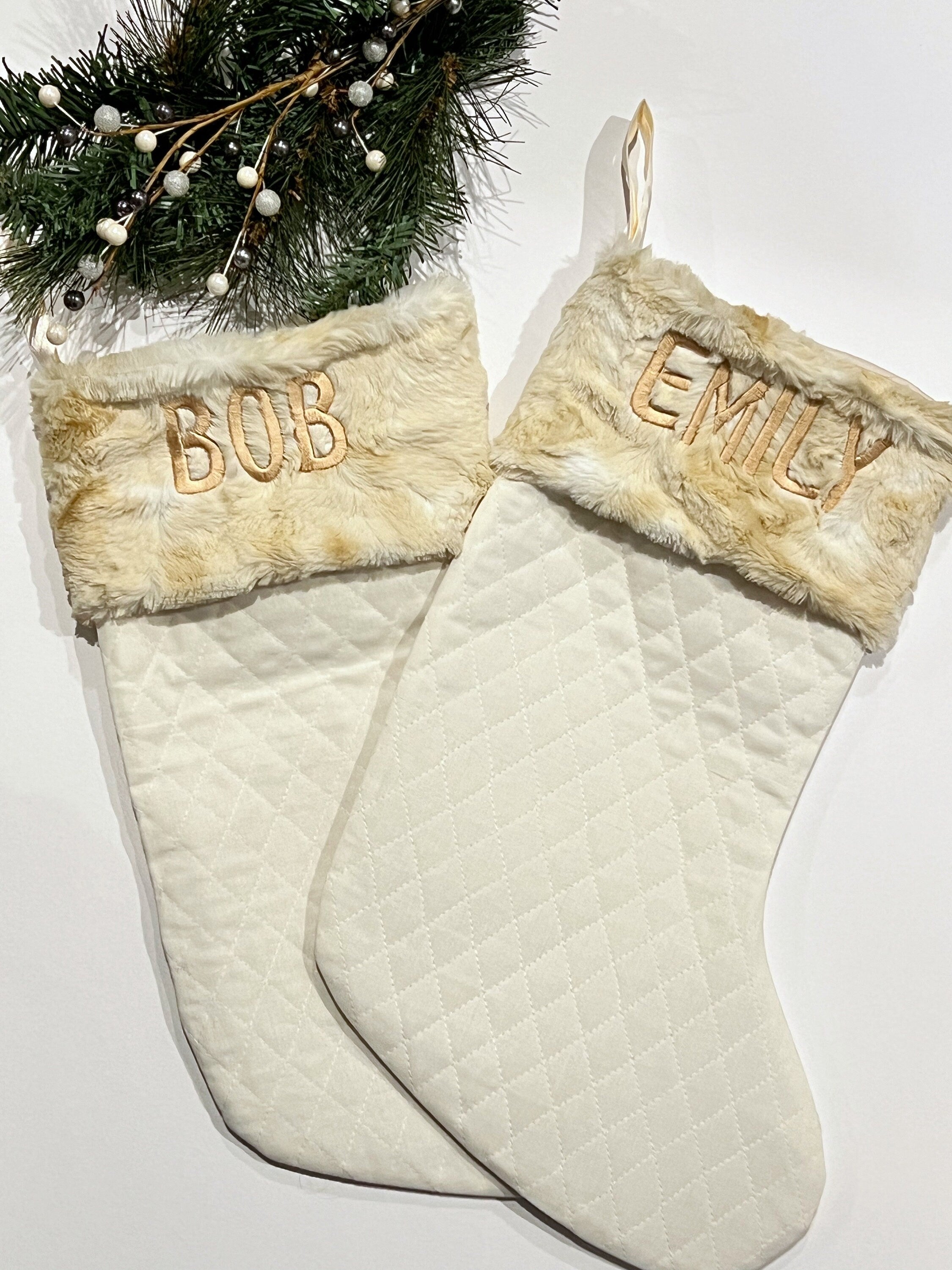 Quilted natural or white cotton Christmas stocking personalized with fur or minky cuff in 18” size, heirloom, family