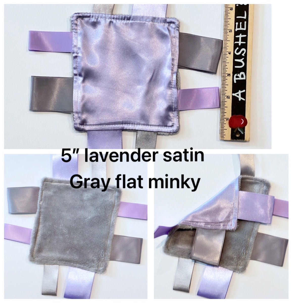 Purse or pocket 5” size Satin and minky sensory lovey with ribbon tags for comfort toy, baby shower gift for boy or girl or even adult
