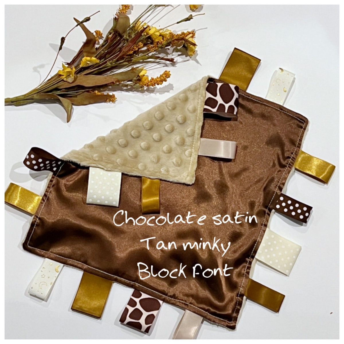 Satin and minky 12” sensory ribbon tag blanket lovey, brown and tan personalize toy or gift for baby boy or girl teen adult choice of colors
