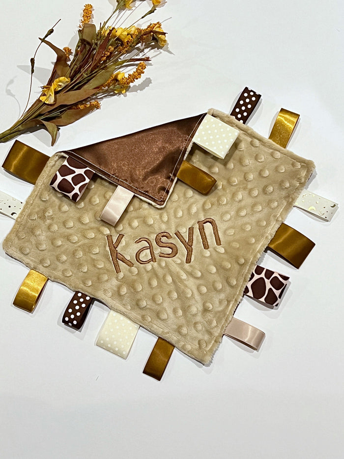 Satin and minky 12” sensory ribbon tag blanket lovey, brown and tan personalize toy or gift for baby boy or girl teen adult choice of colors