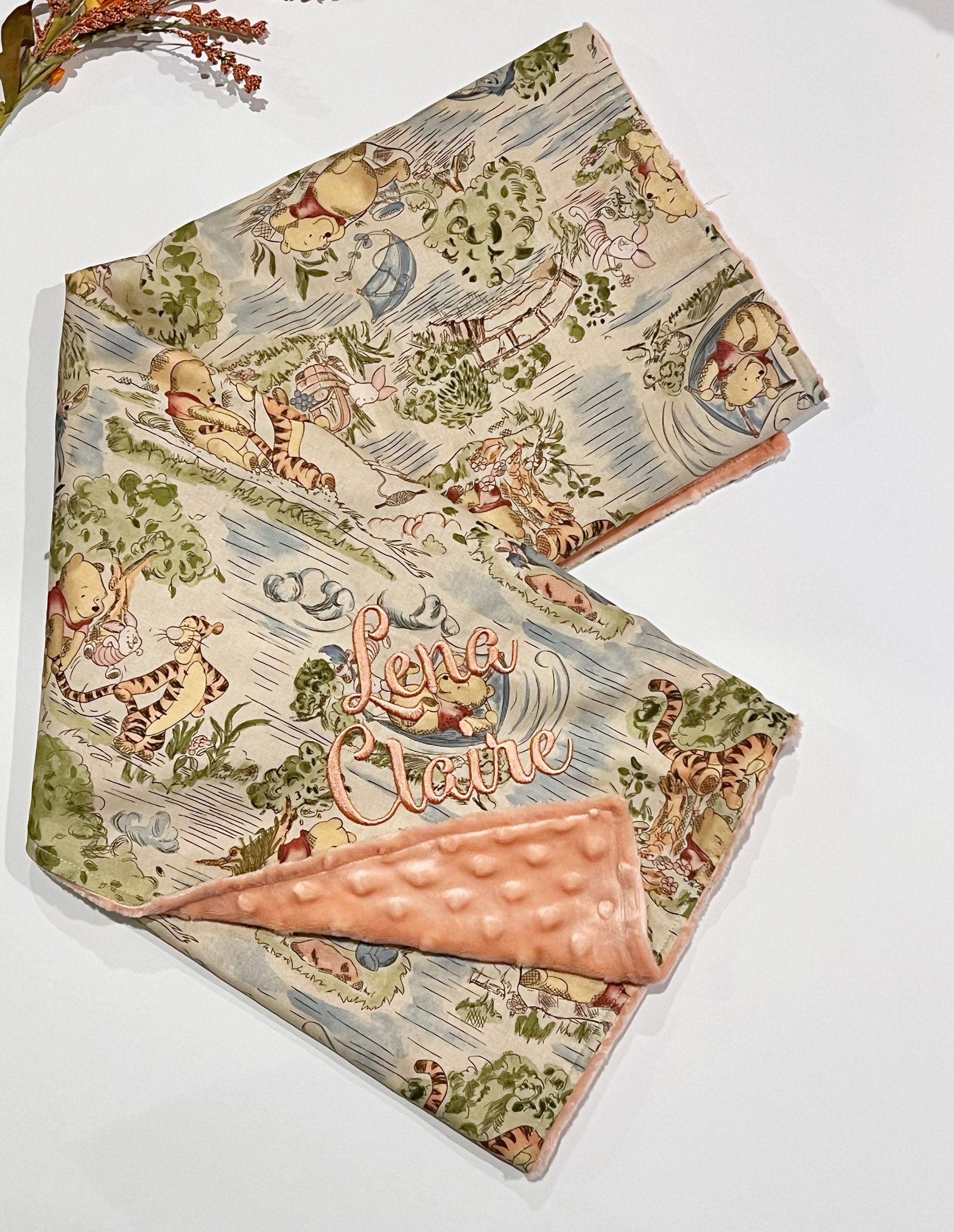 Nursery bedding - personalize Baby girl crib Blanket made from Winnie the Pooh fabric ~ Cotton and coral minky soft baby shower gift