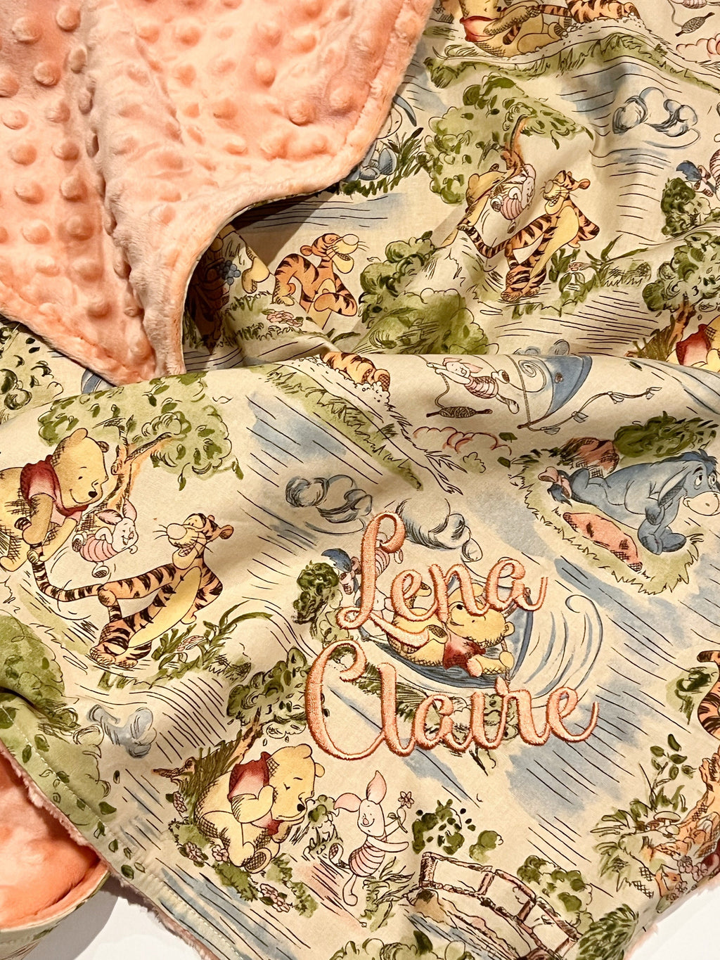 Nursery bedding - personalize Baby girl crib Blanket made from Winnie the Pooh fabric ~ Cotton and coral minky soft baby shower gift