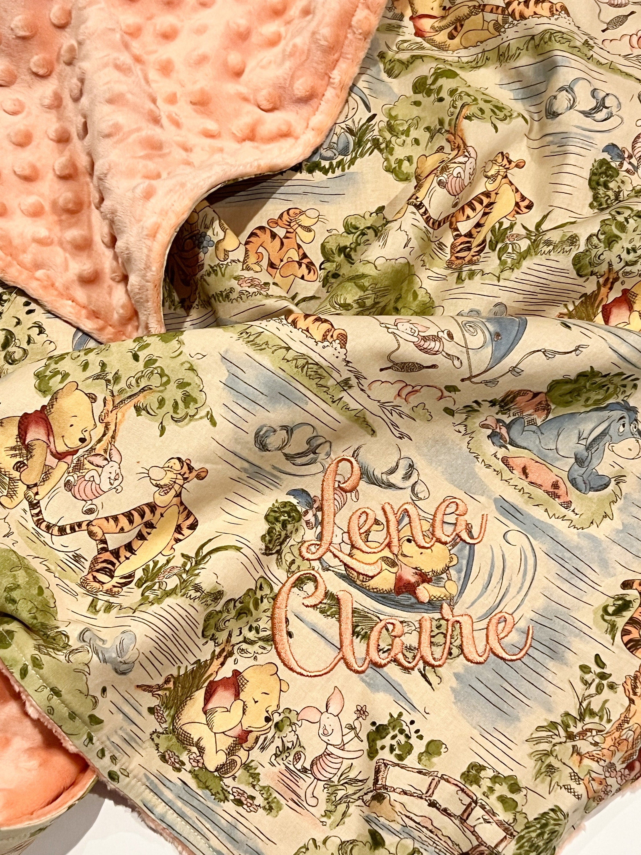Nursery bedding - personalize Baby girl crib Blanket made from Winnie the Pooh fabric ~ Cotton and coral minky soft baby shower gift