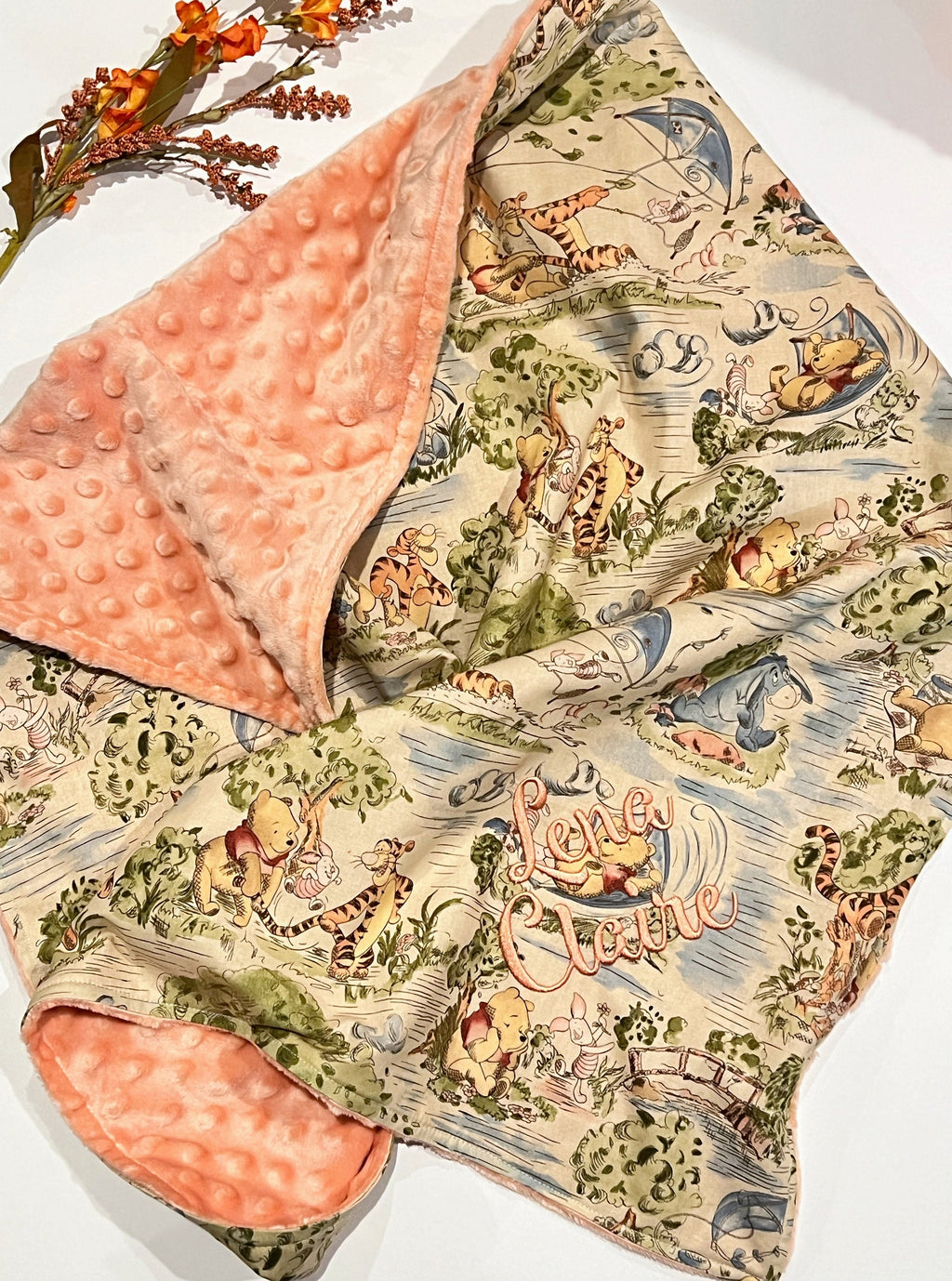 Nursery bedding - personalize Baby girl crib Blanket made from Winnie the Pooh fabric ~ Cotton and coral minky soft baby shower gift