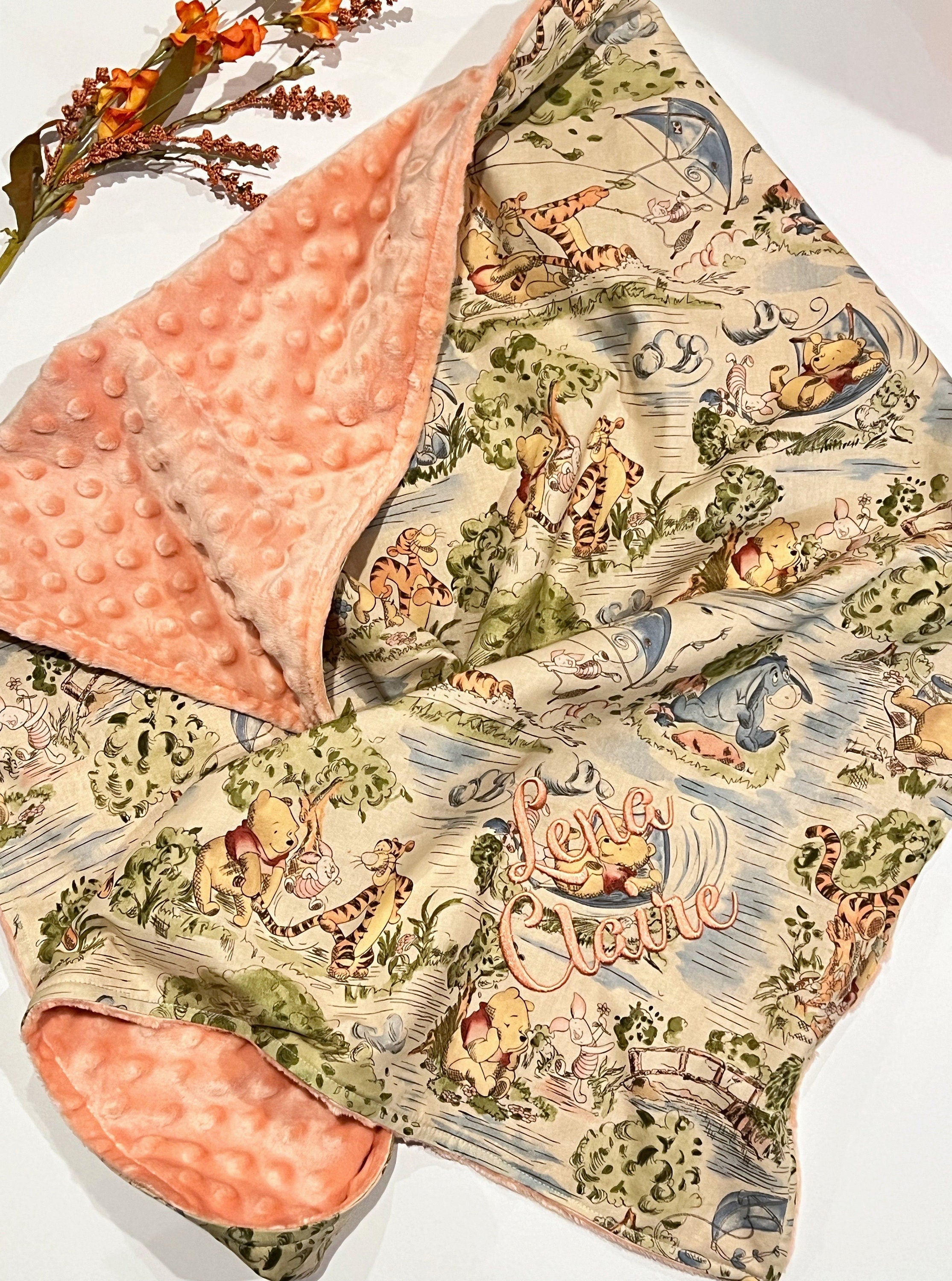 Nursery bedding - personalize Baby girl crib Blanket made from Winnie the Pooh fabric ~ Cotton and coral minky soft baby shower gift