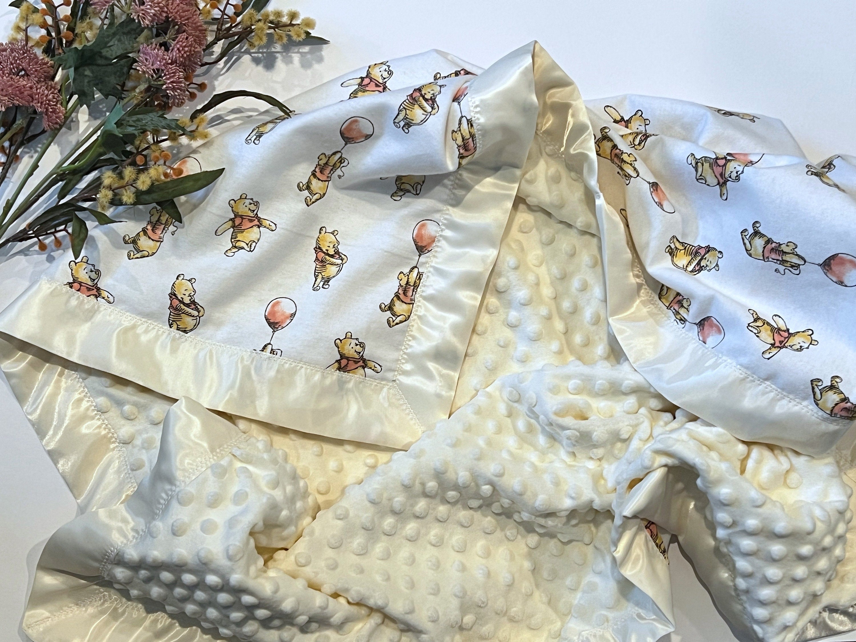 Personalized Baby Blanket made from Winnie the Pooh flannel fabric for boy or girl, minky back with satin binding, embroidered Winnie option