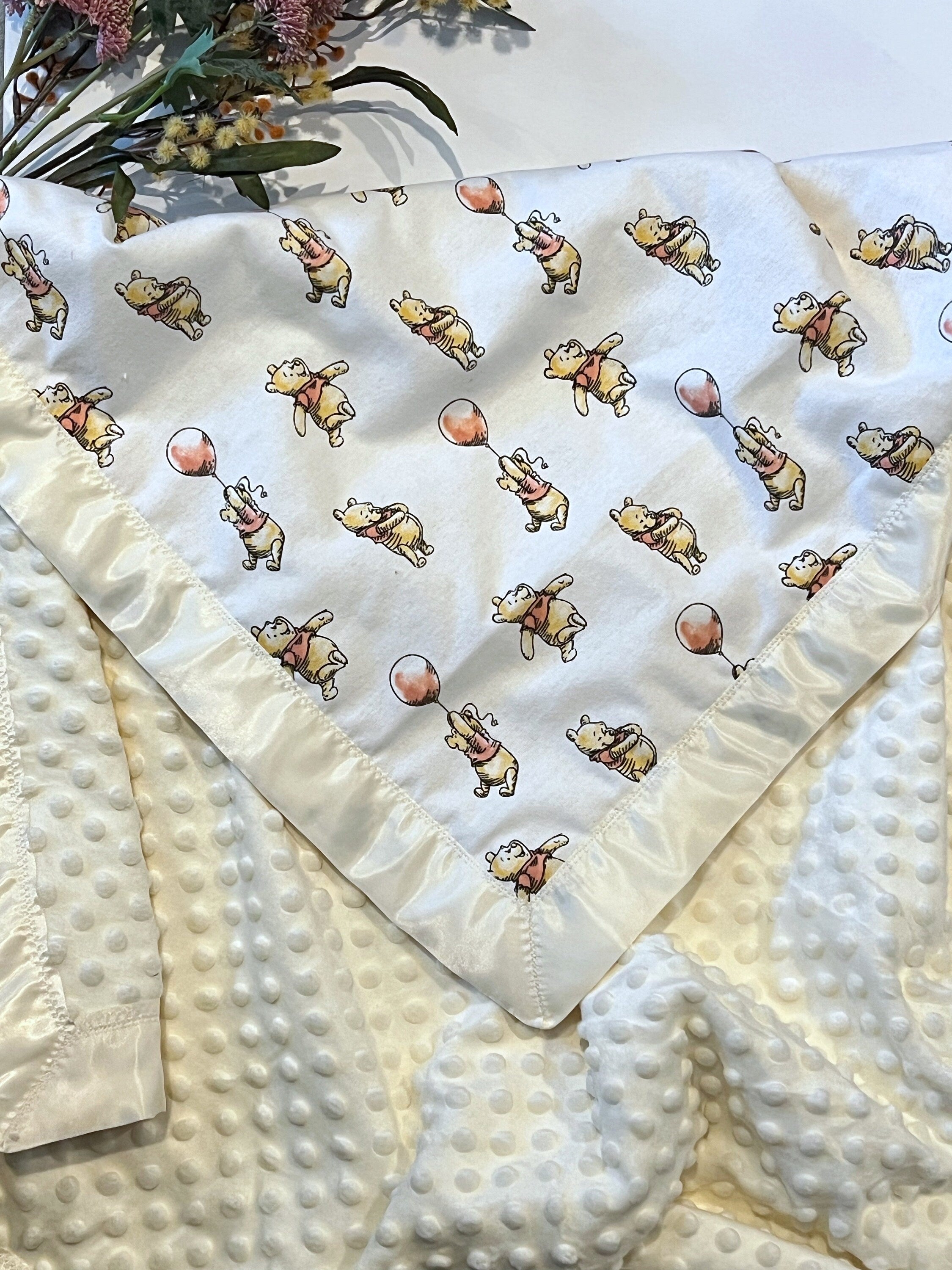 Personalized Baby Blanket made from Winnie the Pooh flannel fabric for boy or girl, minky back with satin binding, embroidered Winnie option