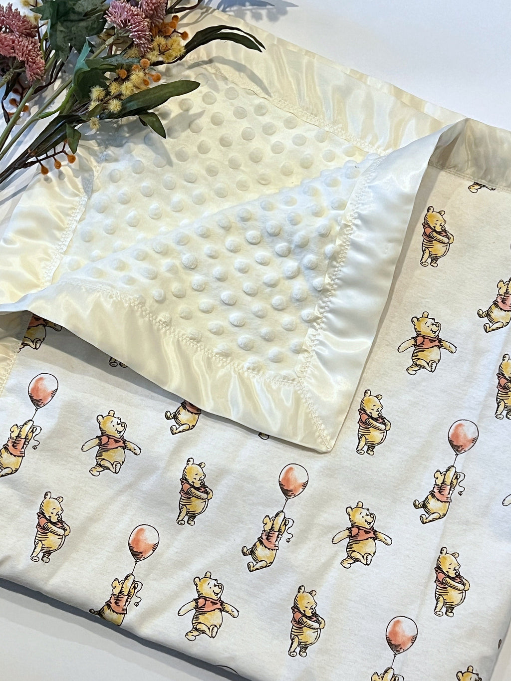 Personalized Baby Blanket made from Winnie the Pooh flannel fabric for boy or girl, minky back with satin binding, embroidered Winnie option
