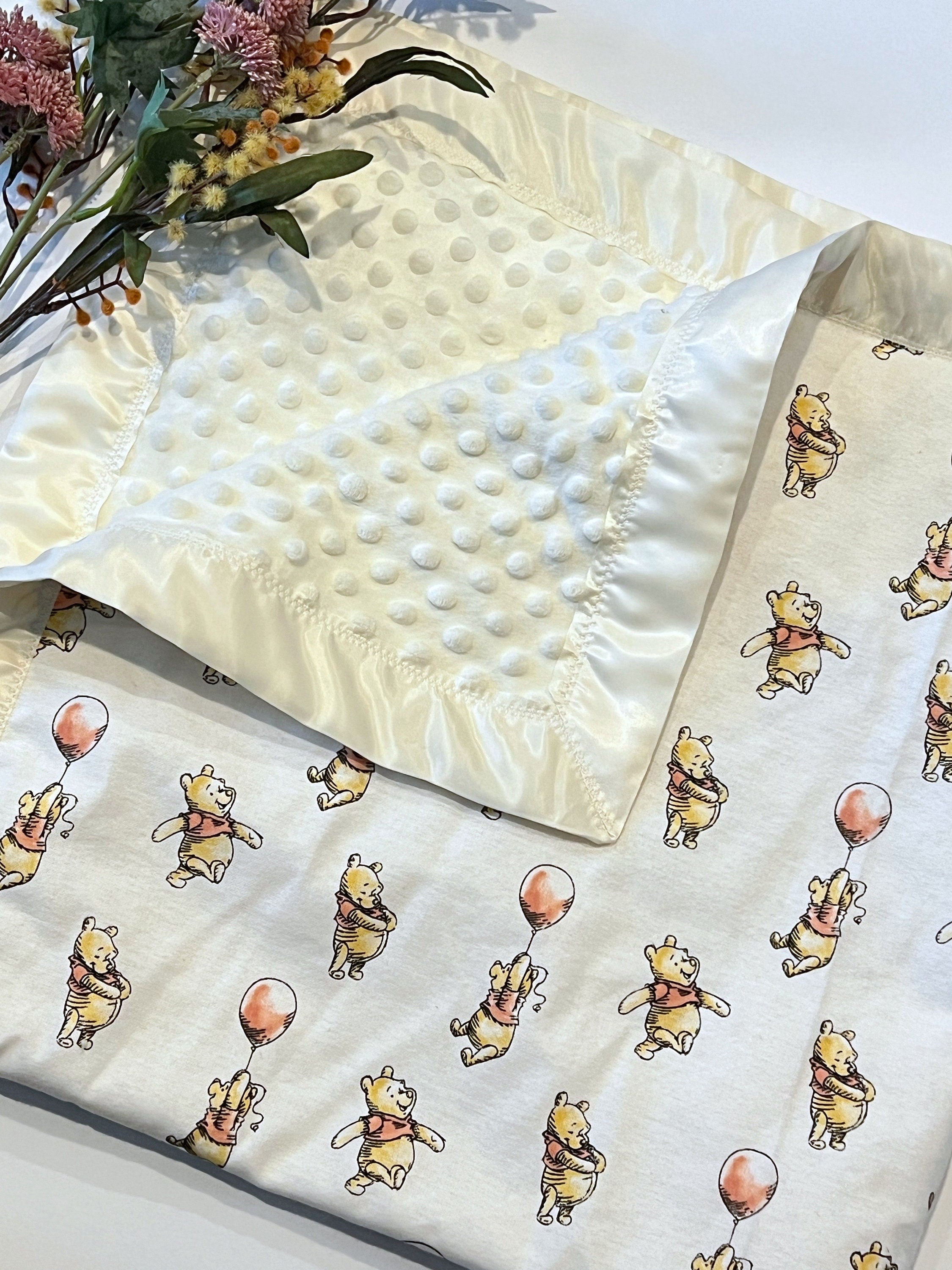 Personalized Baby Blanket made from Winnie the Pooh flannel fabric for boy or girl, minky back with satin binding, embroidered Winnie option