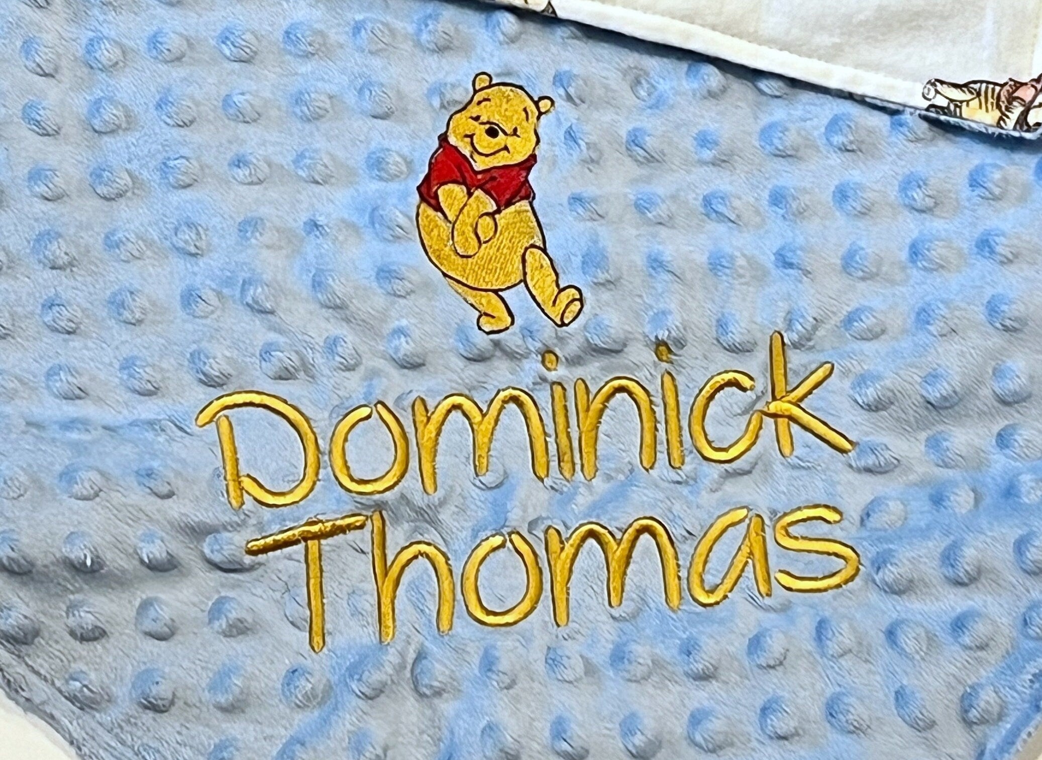 Personalized Baby Blanket made from Winnie the Pooh flannel fabric for boy or girl, minky back with satin binding, embroidered Winnie option