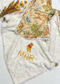 Personalized baby nursery blanket made from Winnie the Pooh fabric for boy or girl, cotton and minky or fur with Winnie embroidered option