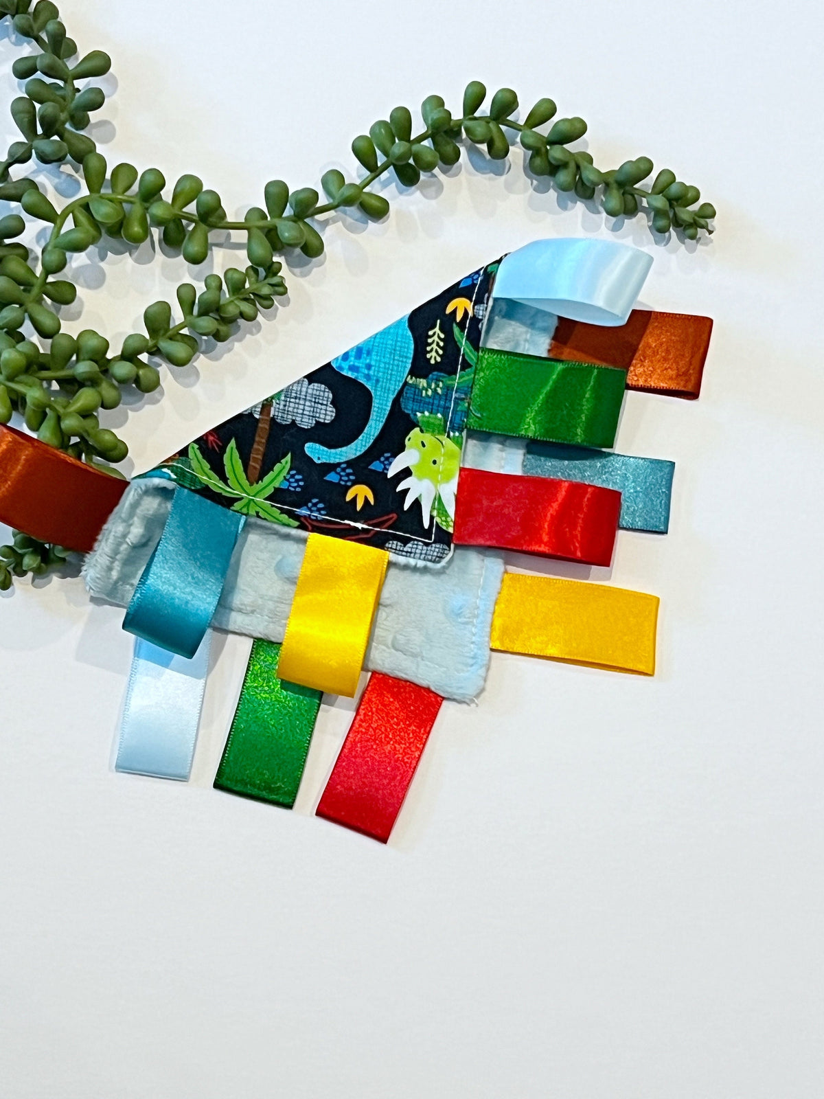Pocket Dinosaur 5” lovey cotton fabric with ribbon tags for baby to adult sensory lovey made from Cotton and minky, gift, crinkle option