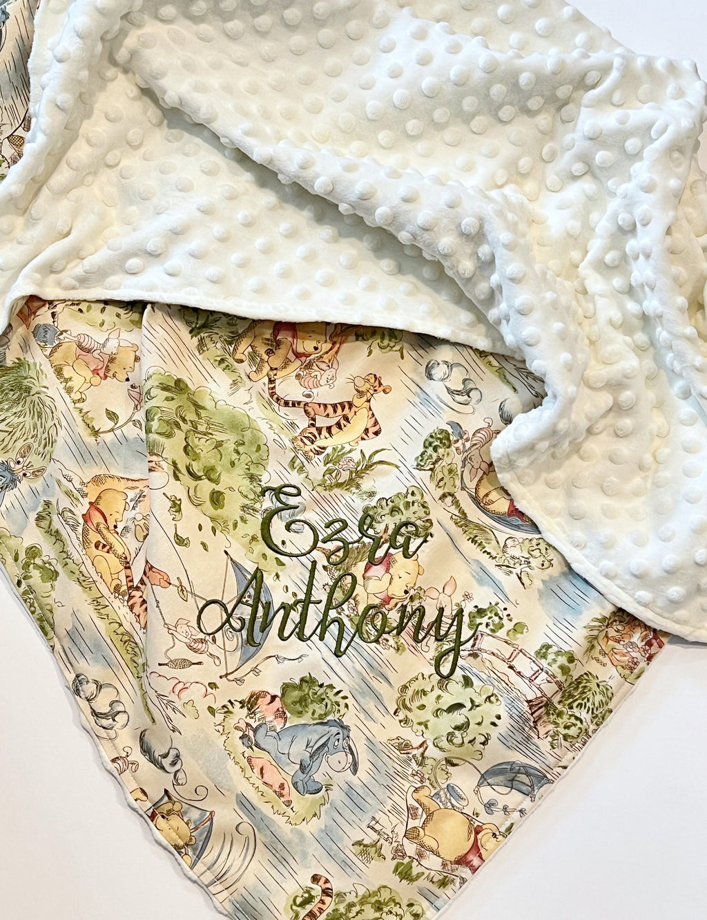 Baby blanket nursery bedding made from Winnie the Pooh fabric for boy or girl in Cotton and soft blush pink minky, personalized gift